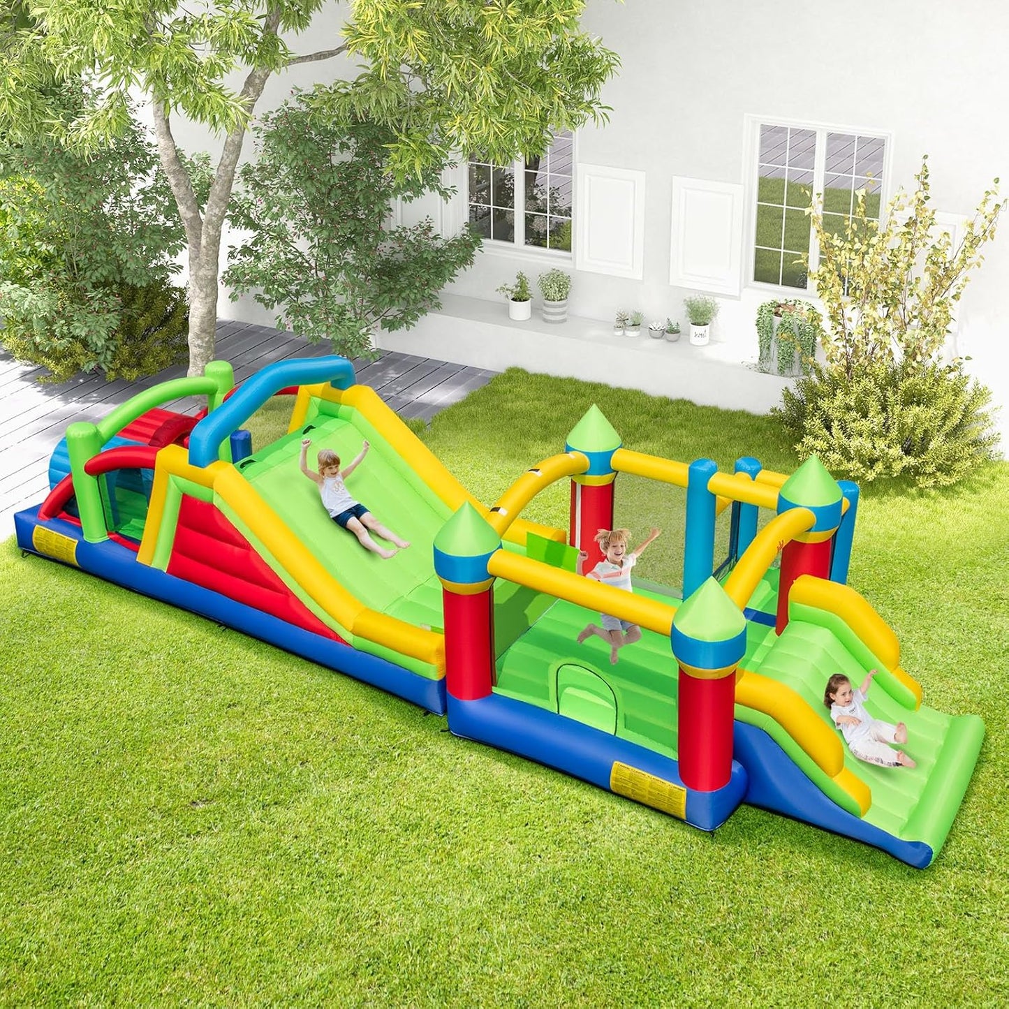 Inflatable Obstacle Course Bounce House, Kids Huge Sectional Bouncy Castle with Dual Slides, Tunnels, Bounce Area, Climbing, Obstacles, Playhouse for Kids Indoor Outdoor Birthday Party Gift