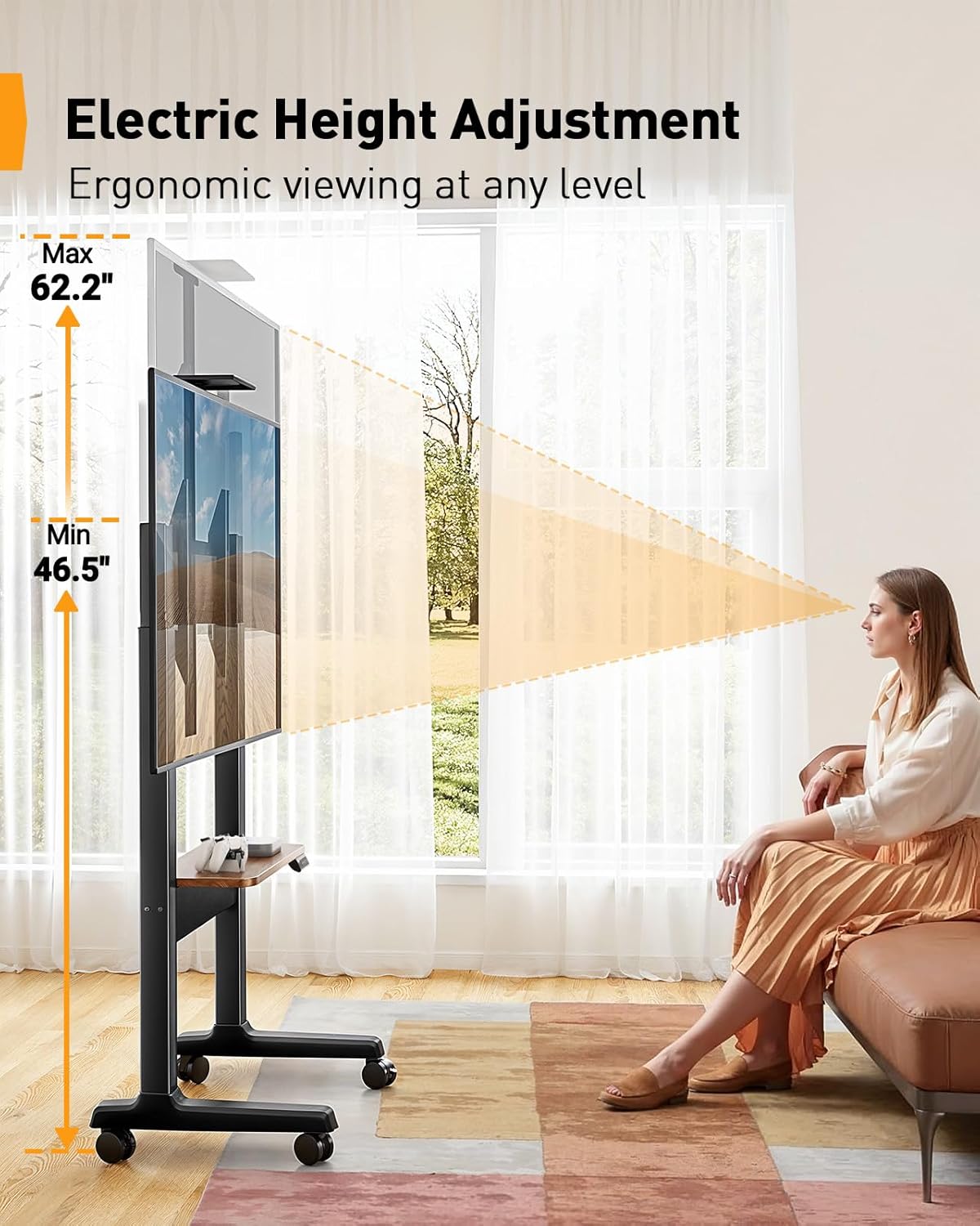 Motorized Mobile TV Stand on Wheels for 37��86 Inch TVs up to 154 lbs, Electric Height Adjustable Rolling TV Stand, VESA 200x200��600x400mm, Wooden Shelf & Panel, PGTVMC26B