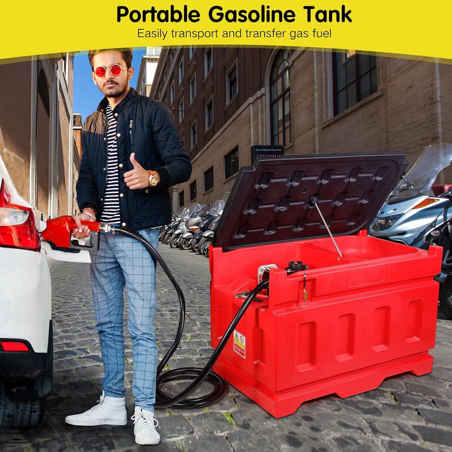 Portable 48 Gallon Fuel Tank with Pump for Gasoline & Diesel, 15GPM High Flow Rate 12V DC Self-Priming Fuel Transfer Pump, 13.1ft Hose, Auto Fueling Nozzle, for Easy Fuel Transportation