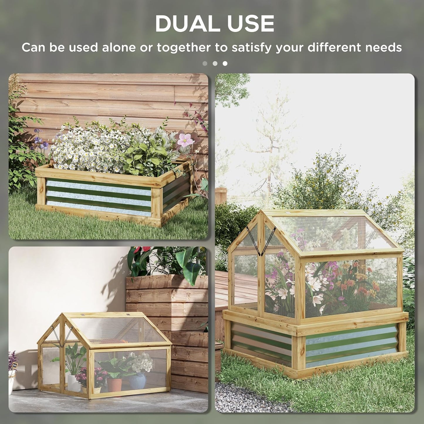 Raised Garden Bed with Polycarbonate Greenhouse, Wooden Cold Frame Greenhouse, Garden Flower Planter Protection, Peak Roof, 35.5" x 31.5" x 36", Natural