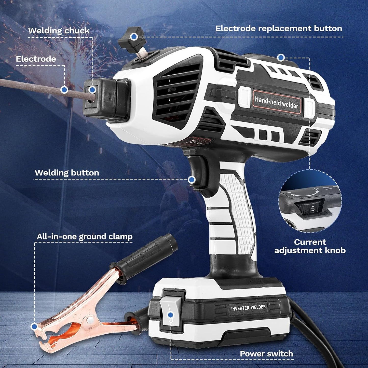 Portable Electric Welding Machine,110V Portable Welder Handheld with IGBT Inverter 5 Variable Current Adjustment,Portable ARC Welder Gun, Fits for 3/32" Wire Rods (Grey)