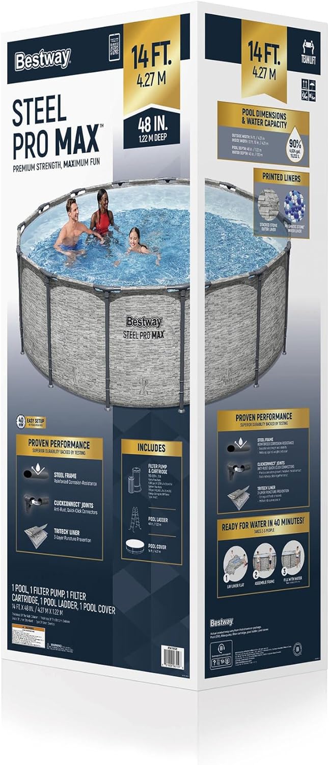 Above Ground Swimming Pool w/ Pump, Cover, & Ladder, 14' x 48", Steel Pro MAX, Gray - Backyard Outdoor Round Pool w/ Filter, 42-Inch Deep Water