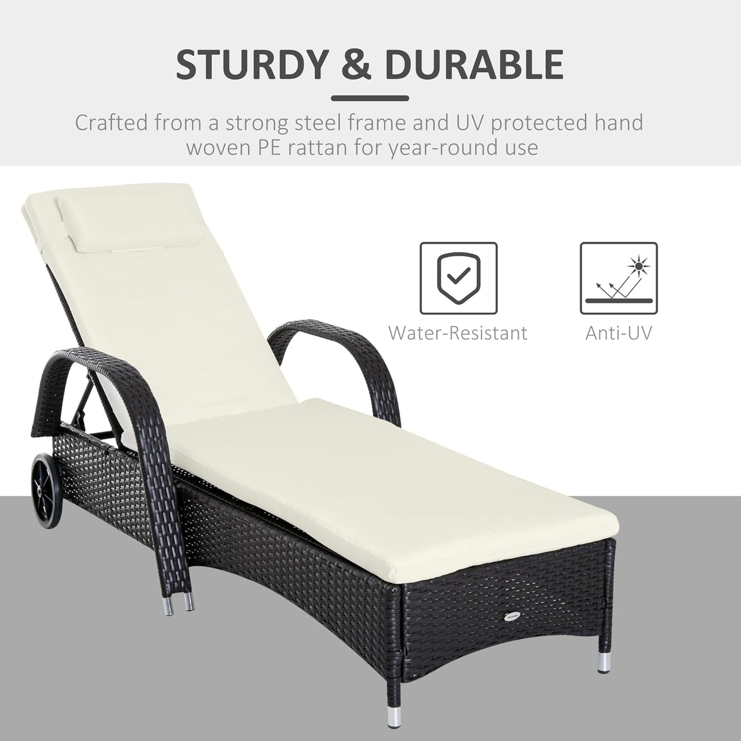 Wicker Outdoor Chaise Lounge, 5-Level Adjustable Backrest PE Rattan Pool Lounge Chair with Wheels, Cushion & Headrest, Brown and Dark Blue