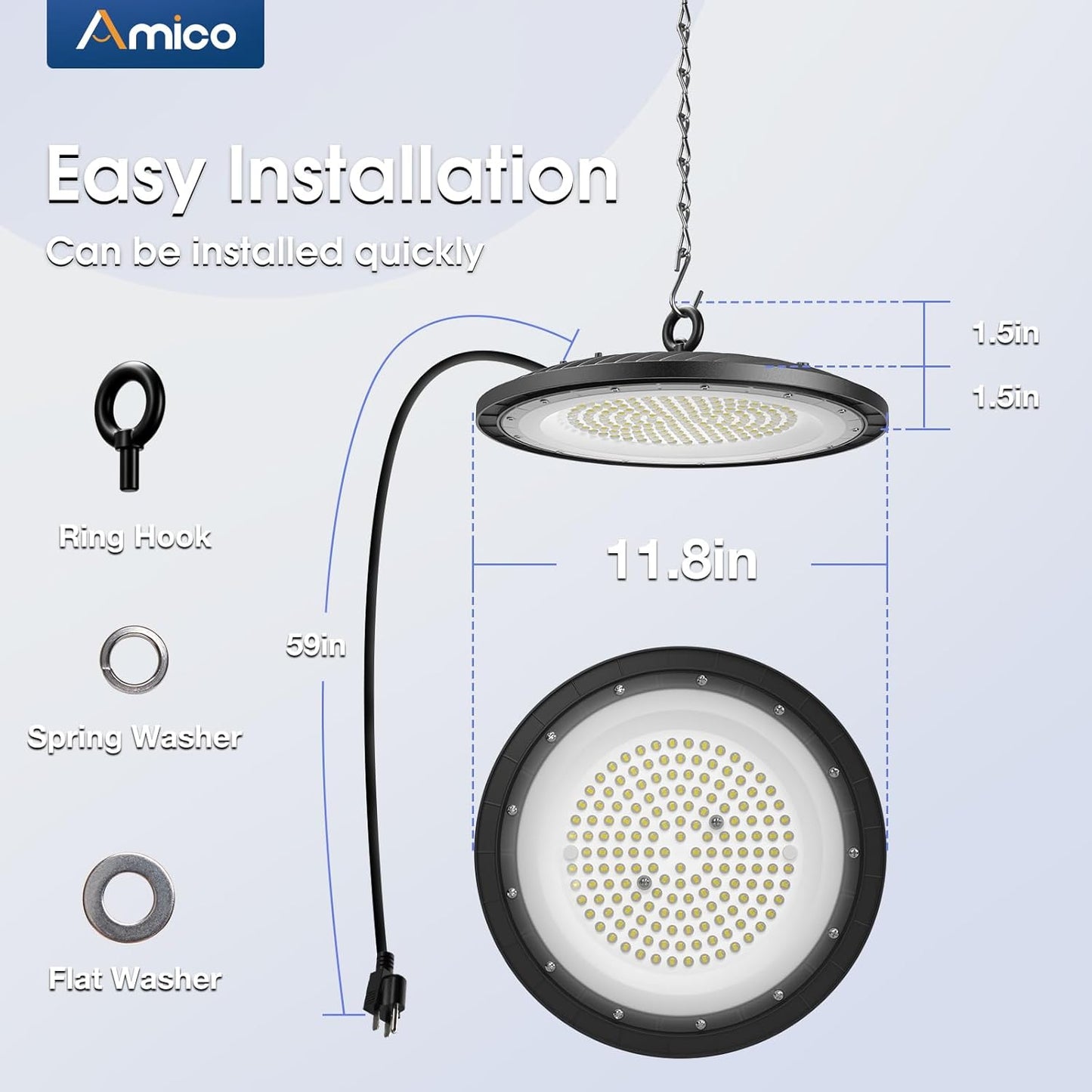 200-watt, 10 sets of UFO lamps, LED ceiling lights, 28,000 lumens, 5000K LED ceiling lights, 5-foot cable, can replace 650-watt metal halide/hot mercury lamps, suitable for gyms, factories, barns and warehouses.