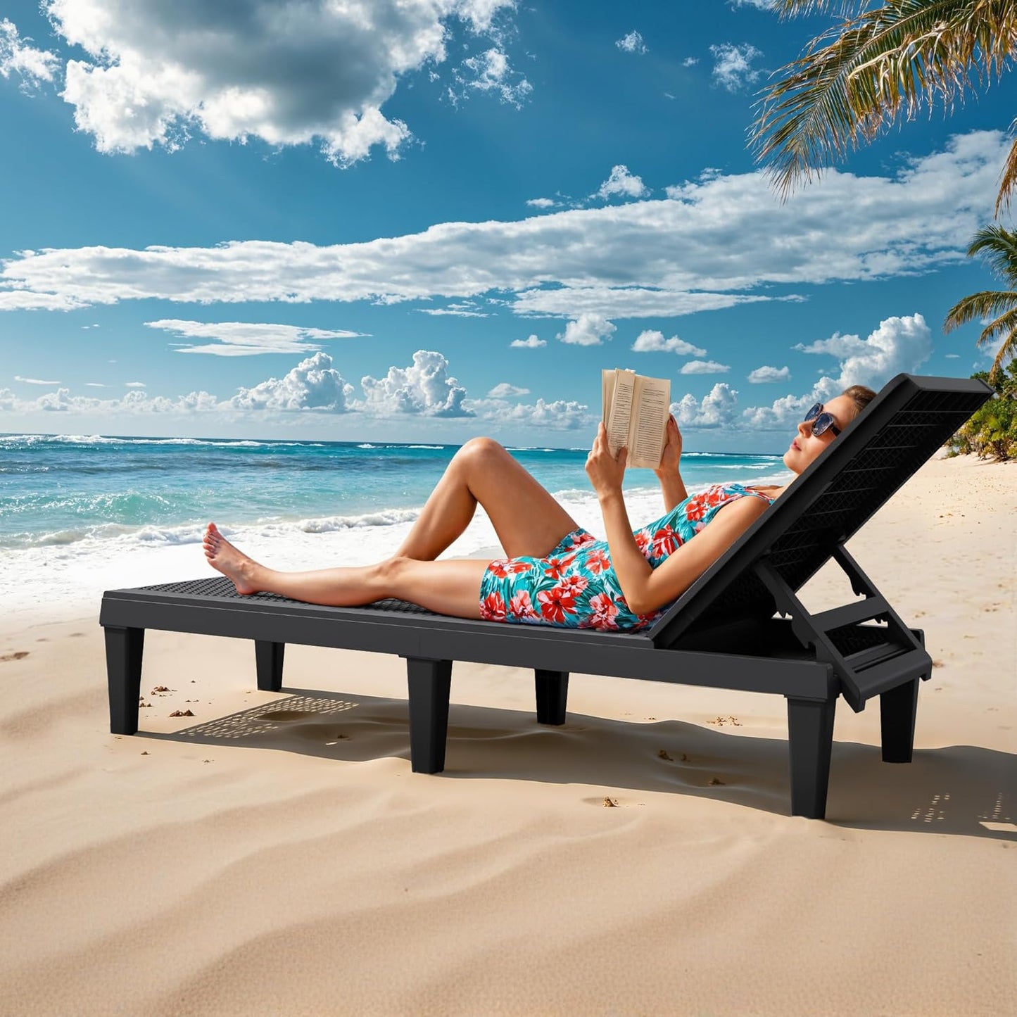 Outdoor Chaise Lounge Chair Set of 2 for Patio Poolside, Waterproof & Adjustable & Easy Assembly Sun Lounger for Outside Deck, Pool, Beach, Black
