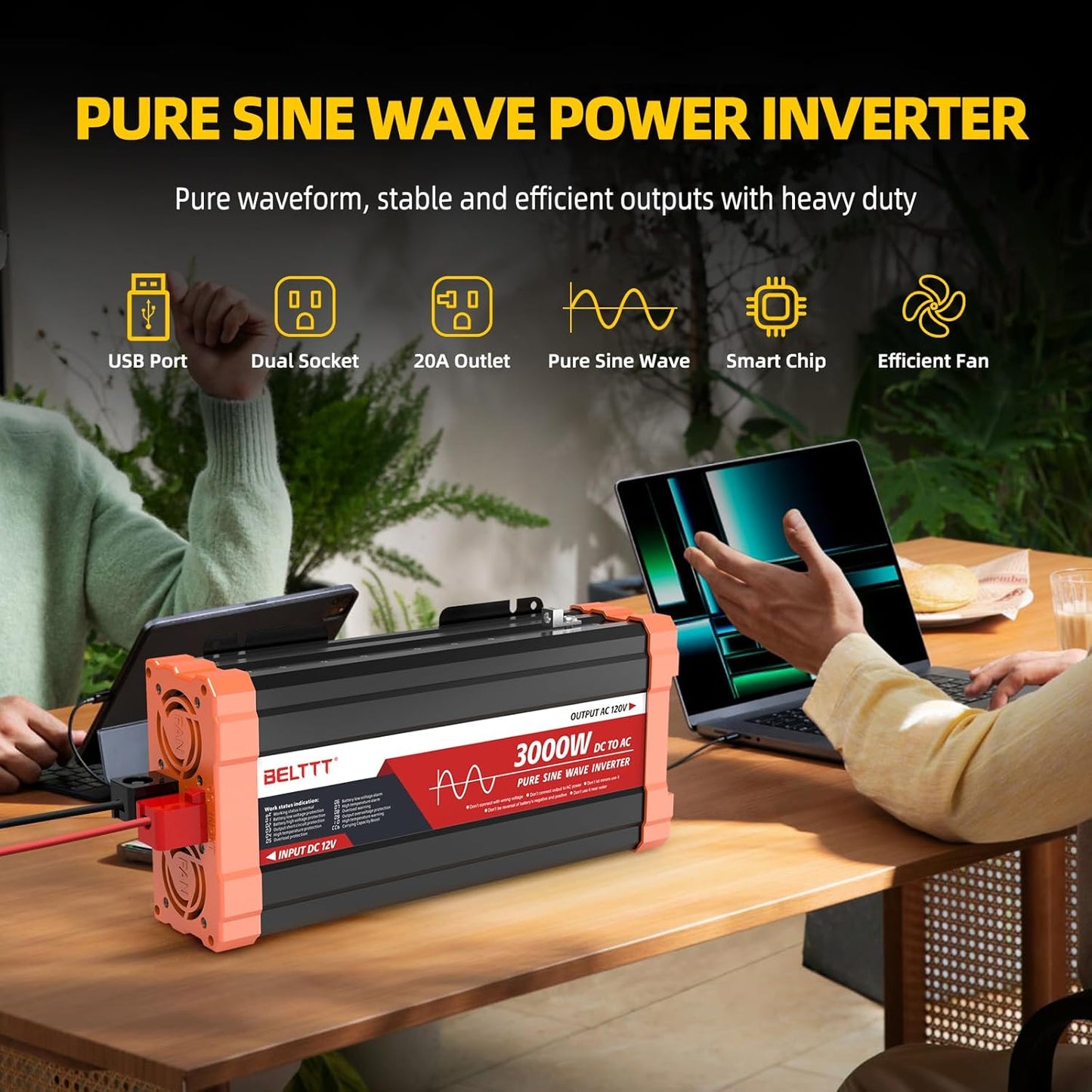2000W Pure Sine Wave Inverter, Car Power Inverter 12V to 120V AC Converter for RV, Truck, Solar, Outdoor with Dual AC and 20A Socket, 5V 2.1A USB, Surge 4000W, Hardwire Port, Remote Controller