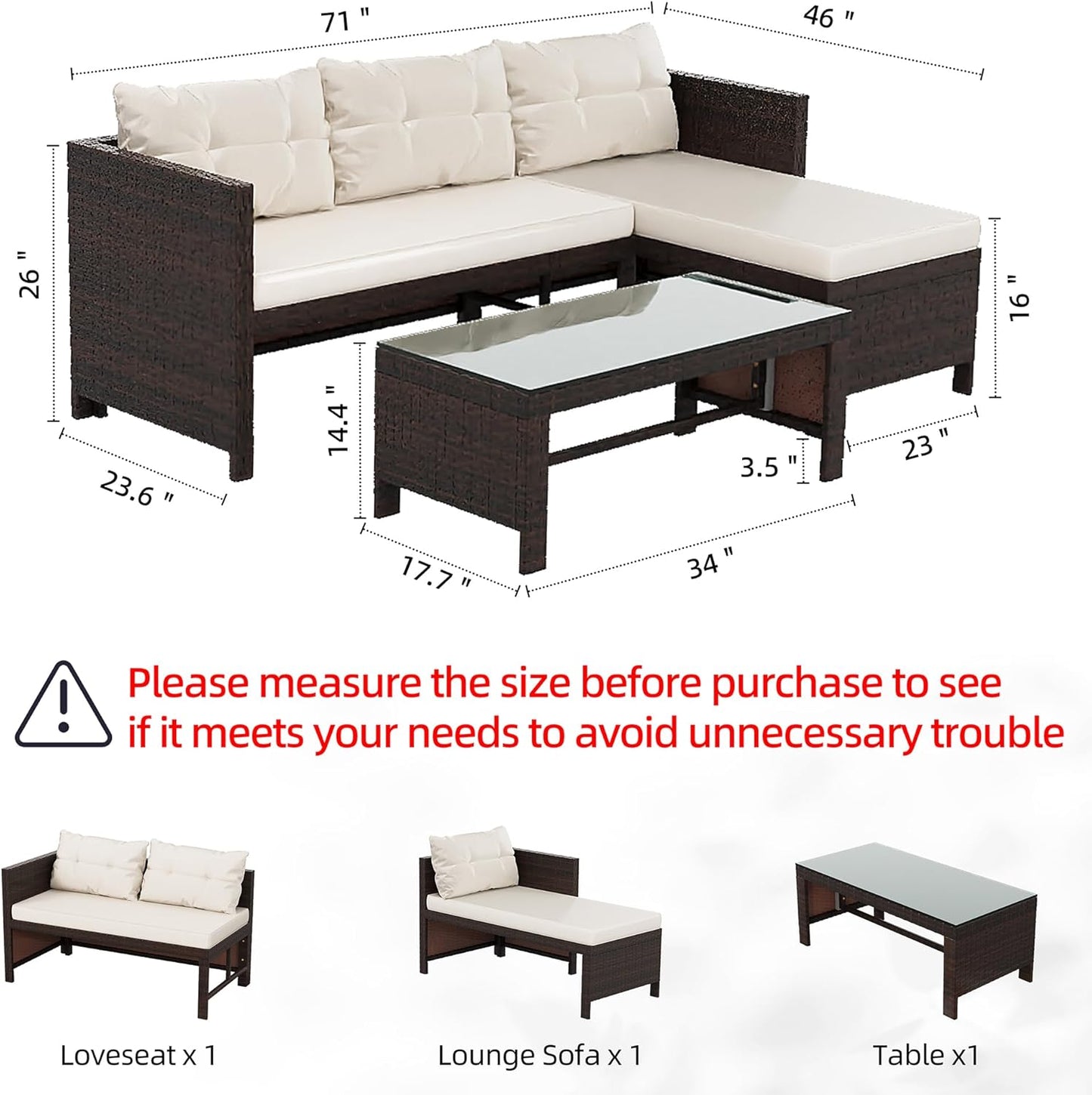 Outdoor Patio Furniture Sets, Wicker Patio sectional Sets 3-Piece, All Weather Wicker Rattan Patio Seating Sofas with Glass Coffee Table and Cushion (Beige)