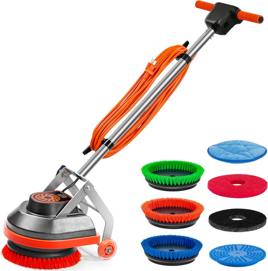 Commercial Floor Scrubber Machine with Brushes and Pads, Heavy Duty Floor Buffer Polisher and Cleaner- Deep Cleaning Tile and Grout, Hardwood Floors and Carpets without Getting on Hands and Knees