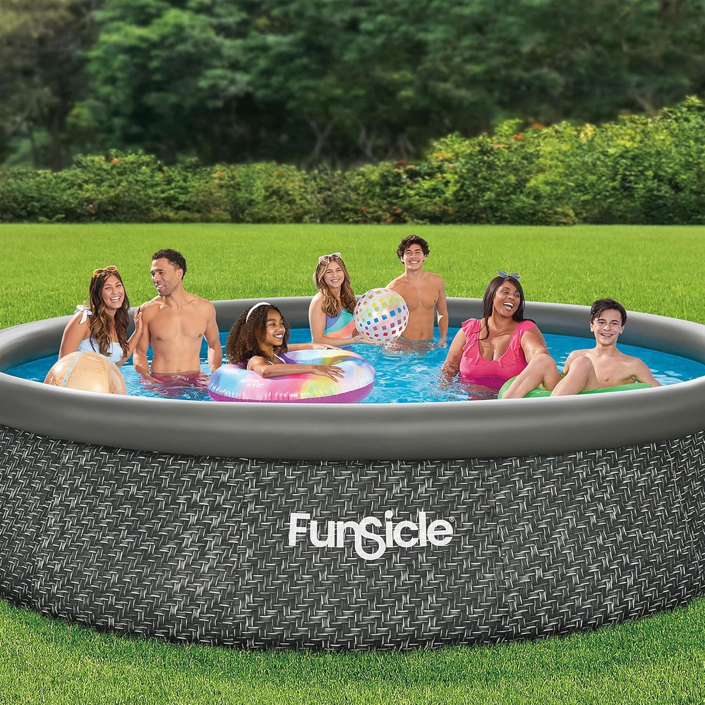 12 Foot by 36 Inch Quickset Round Inflatable Ring Top Outdoor Above Ground Swimming Pool Set with Pump and Cartridge Filter, Dark Herringbone