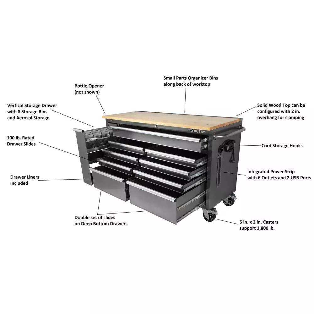 Husky 72 in. x 24 in. D Standard Duty 18-Drawer Mobile Workbench Tool Chest with Solid Wood Top in Stainless Steel