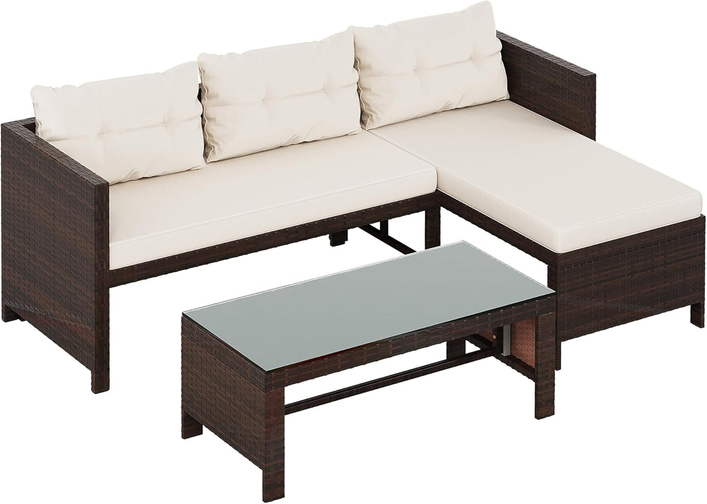 Outdoor Patio Furniture Sets, Wicker Patio sectional Sets 3-Piece, All Weather Wicker Rattan Patio Seating Sofas with Glass Coffee Table and Cushion (Beige)