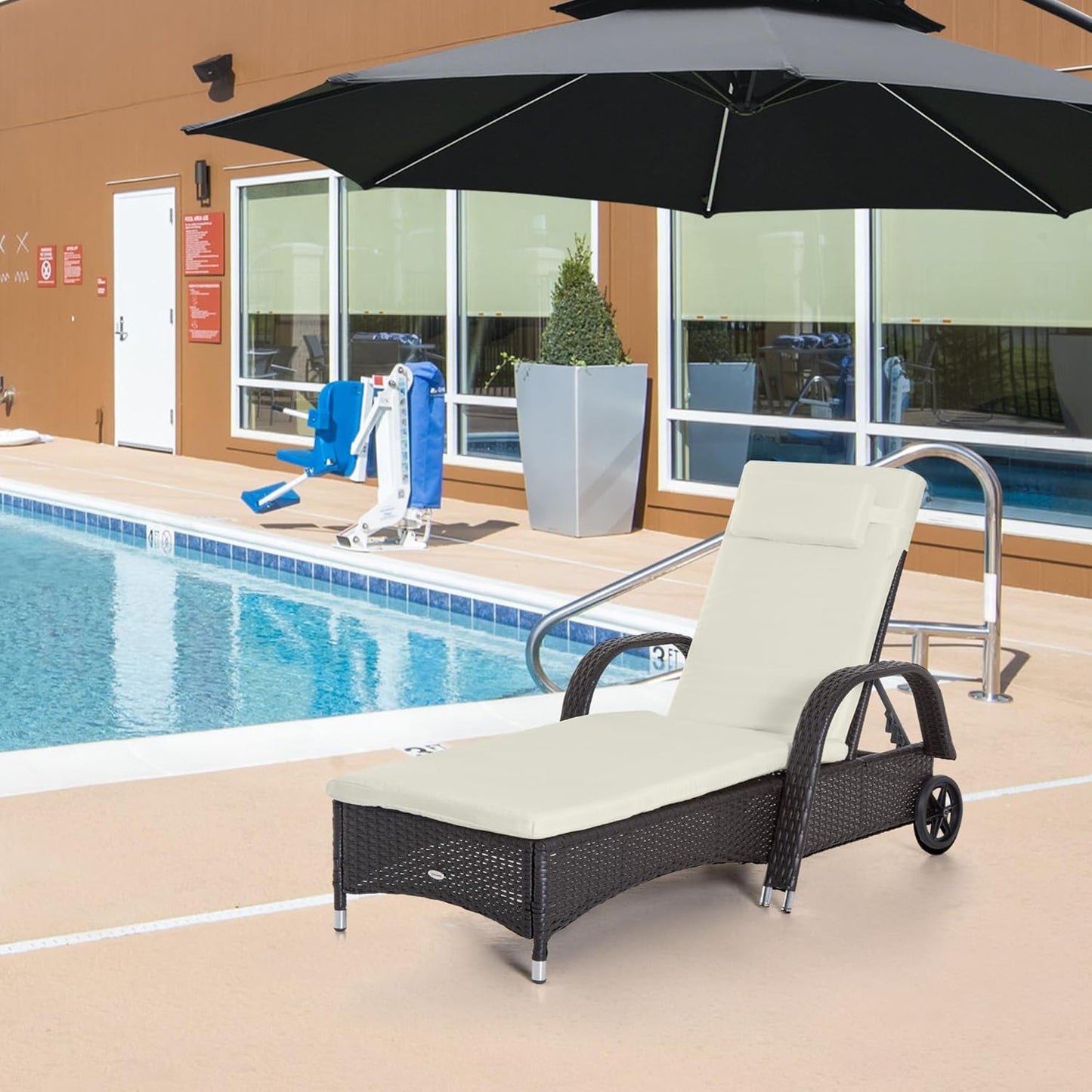 Wicker Outdoor Chaise Lounge, 5-Level Adjustable Backrest PE Rattan Pool Lounge Chair with Wheels, Cushion & Headrest, Brown and Dark Blue