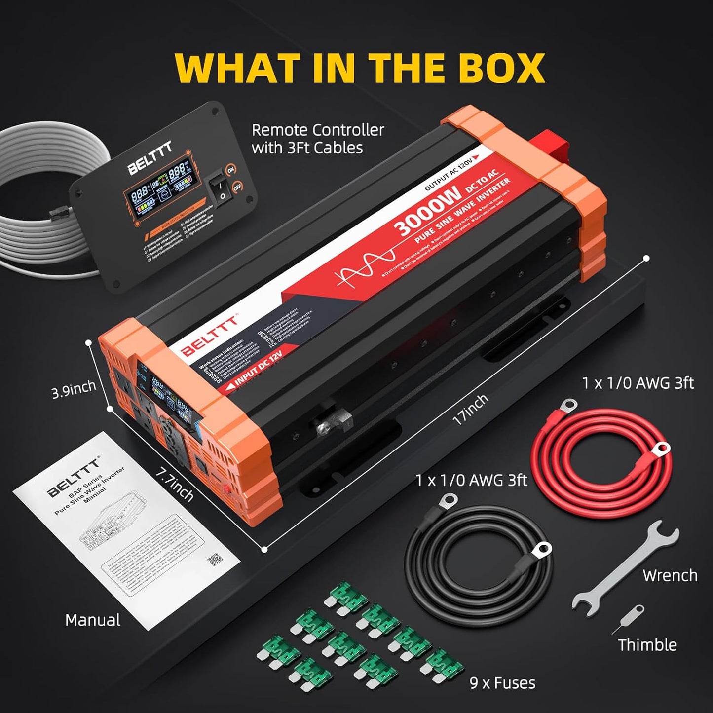 2000W Pure Sine Wave Inverter, Car Power Inverter 12V to 120V AC Converter for RV, Truck, Solar, Outdoor with Dual AC and 20A Socket, 5V 2.1A USB, Surge 4000W, Hardwire Port, Remote Controller