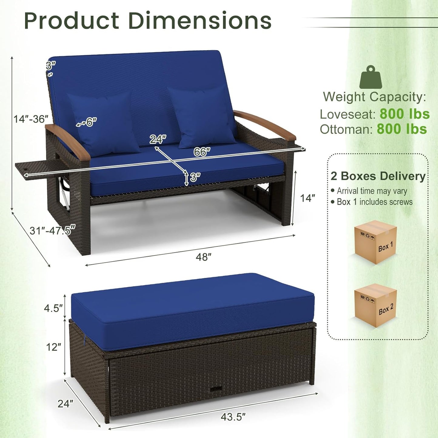 Moccha Outdoor Wicker Daybed, Patio Rattan Loveseat Sofa w/ 4-Level Adjustable Backrest, Folding Panels, Storage Ottoman & Cushions, Lounge Furniture Set for Poolside Backyard Porch (Beige)