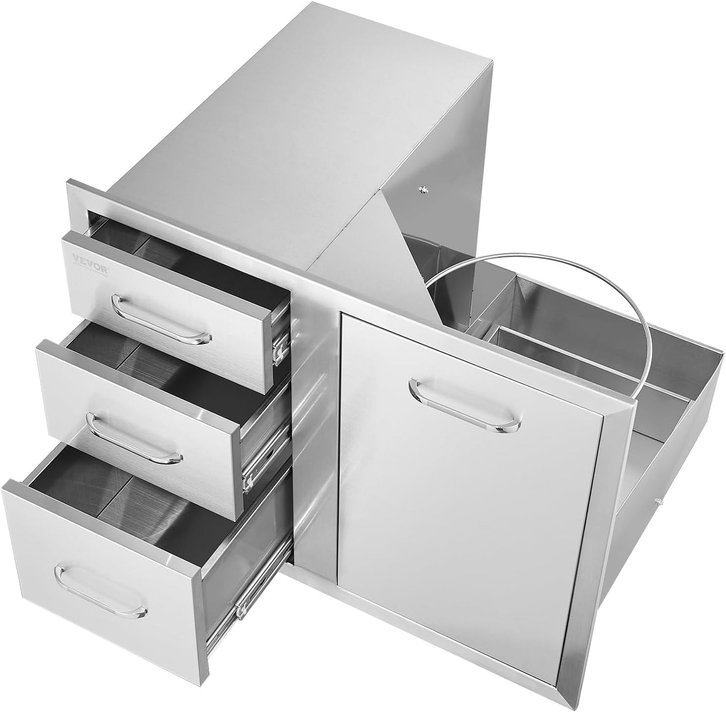 Pull Out Trash Drawer 13.4"W x 25.7"H x 19.6"D Lower Sliding Rails Stainless Steel Roll Out Trash Bin Pull Out Tray Outdoor Kitchen Trash Drawer with Handle for BBQ Island Grill Station
