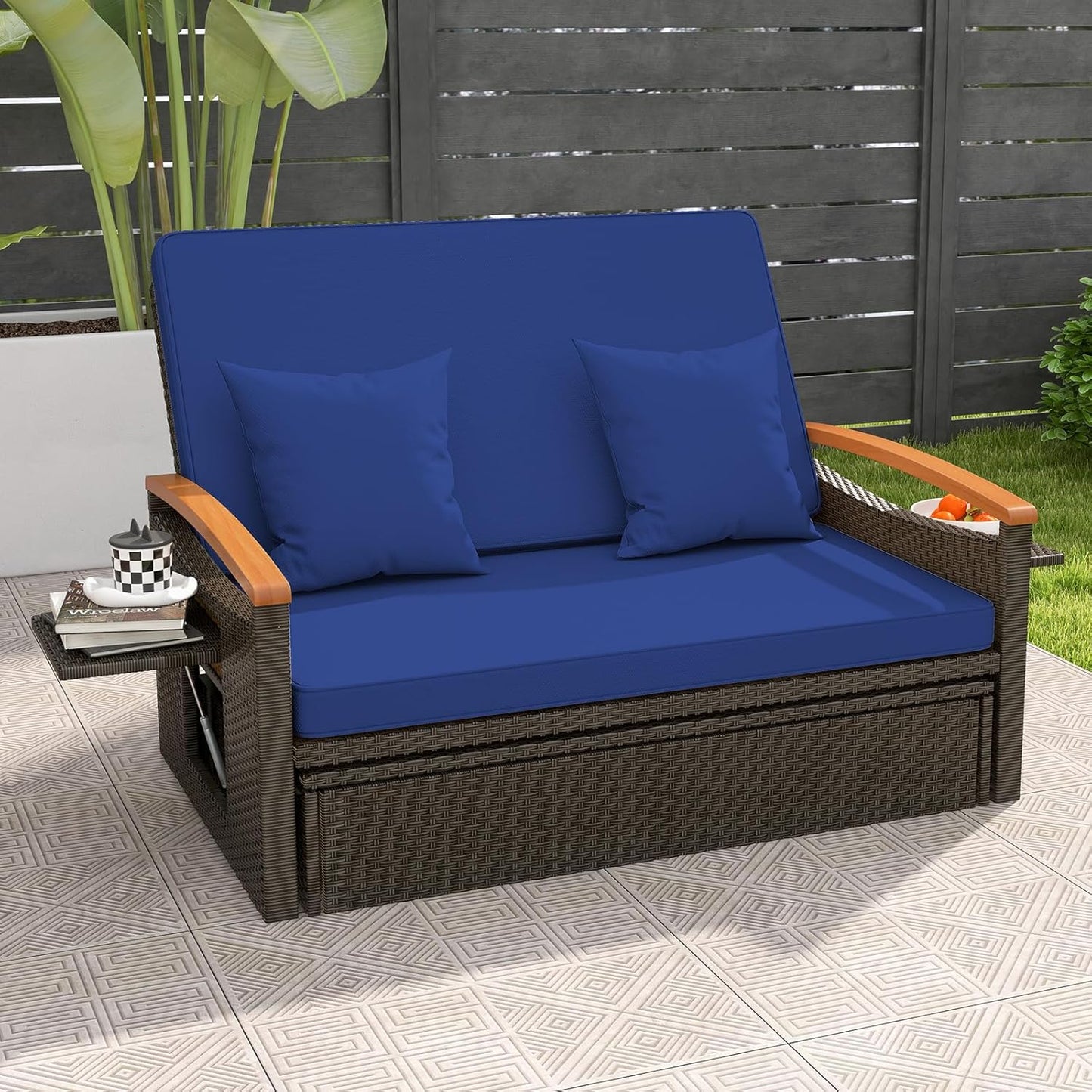 Moccha Outdoor Wicker Daybed, Patio Rattan Loveseat Sofa w/ 4-Level Adjustable Backrest, Folding Panels, Storage Ottoman & Cushions, Lounge Furniture Set for Poolside Backyard Porch (Beige)