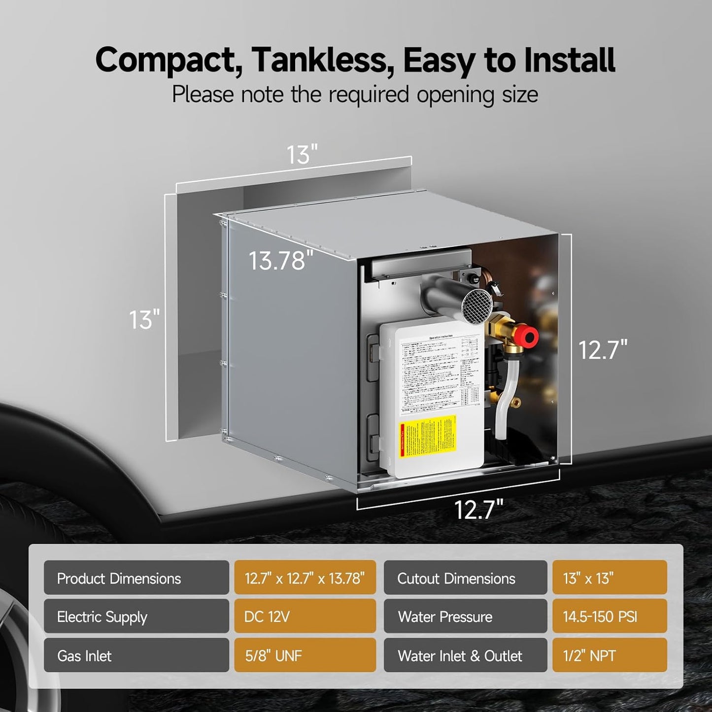 RV Tankless Water Heater without Door, , Propane Gas, DC 12V, 3 Optional Door Sizes 15"x15", 15"x18" and 18"x18" for Refitment, Compatible with All RVs, Sufficient Power, High Altitude