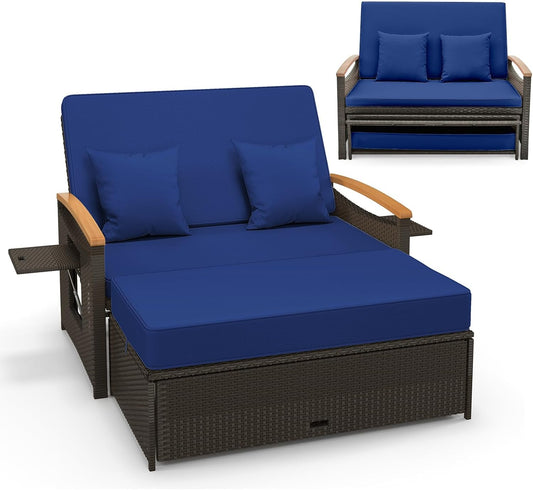 Moccha Outdoor Wicker Daybed, Patio Rattan Loveseat Sofa w/ 4-Level Adjustable Backrest, Folding Panels, Storage Ottoman & Cushions, Lounge Furniture Set for Poolside Backyard Porch (Beige)