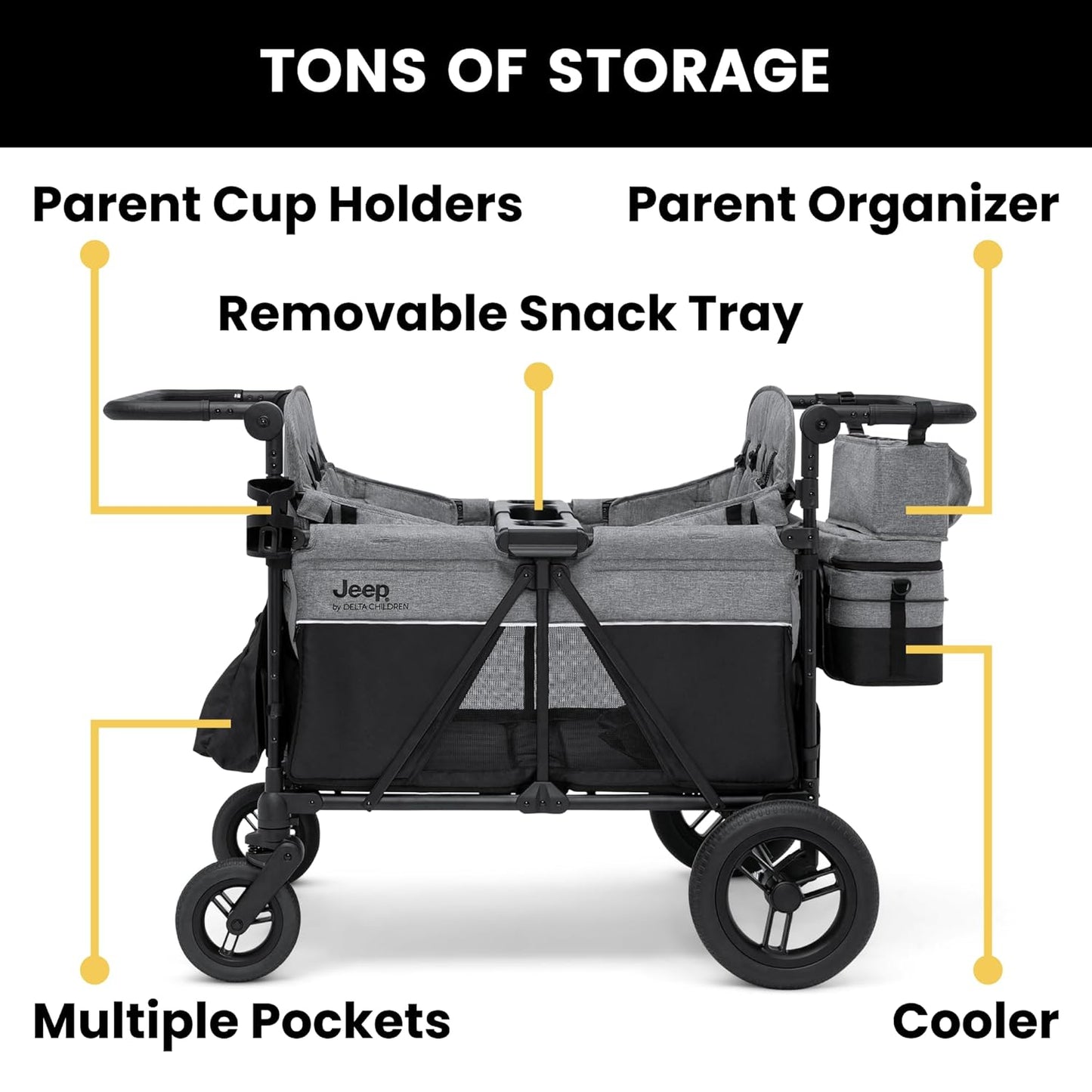 Luxurious 4-seater children's stroller - A high-end 4-seater children's stroller specially designed for 4 children, equipped with convertible seats, adjustable push-pull handles, detachable sunshade, and flat folding device. The color is grey.