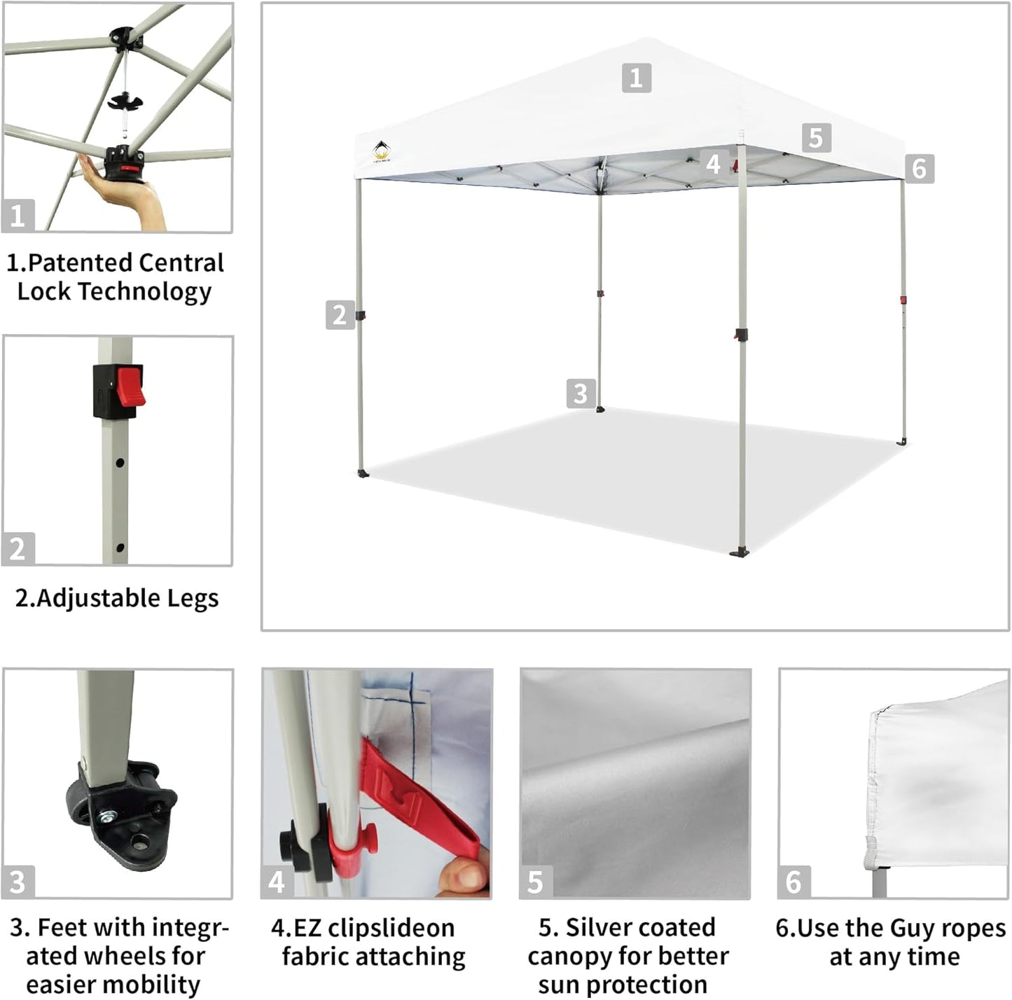 10x10 Pop Up Canopy - Beach Tent with One Push Setup - Easy Outdoor Sun Shade for Events, Parties, Camping - Gazebo with STO-N-Go Cover Bag, Silver Coated Top, White