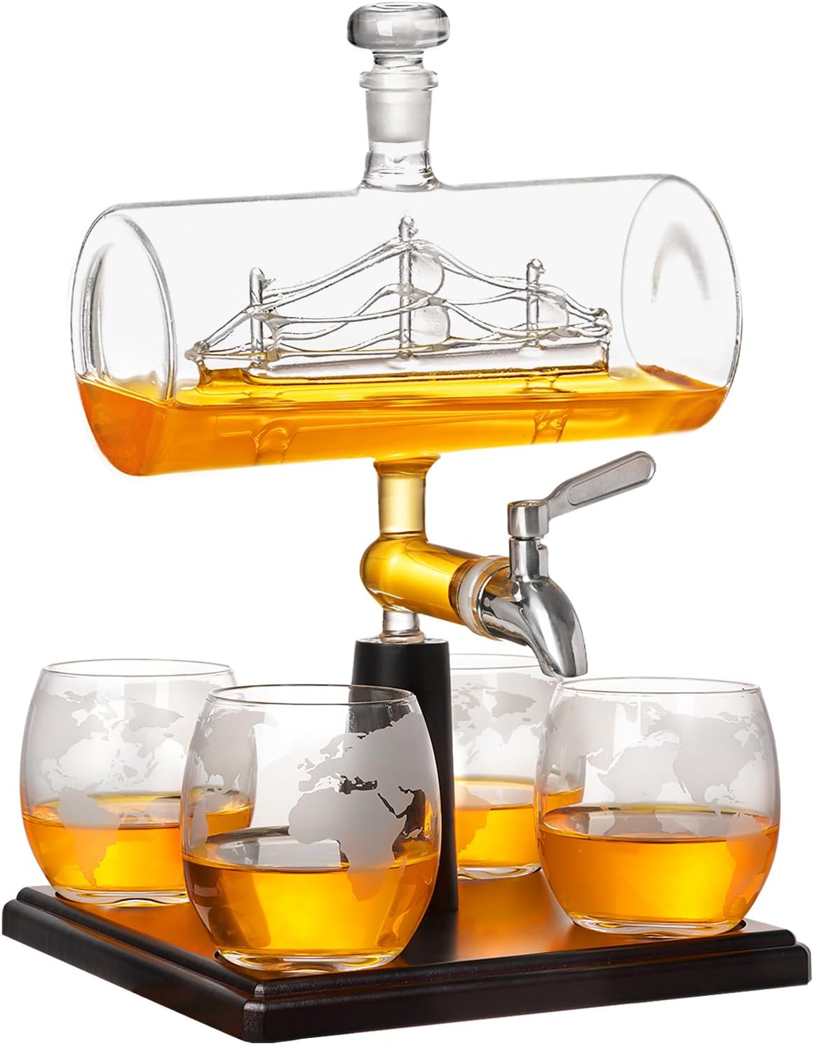 Wooden whisky set, featuring antique ship design, suitable as a gift of bourbon whisky for men. 1000 ml set of drinking utensils, including 4 spherical wine glasses. It is a gift for his Christmas, anniversary or birthday, and also a gift for his hus