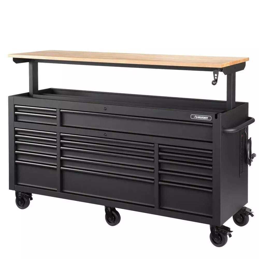 Husky 72 in. 18-Drawer Mobile Workbench with Adjustable-Height Solid Wood Top, Matte Black
