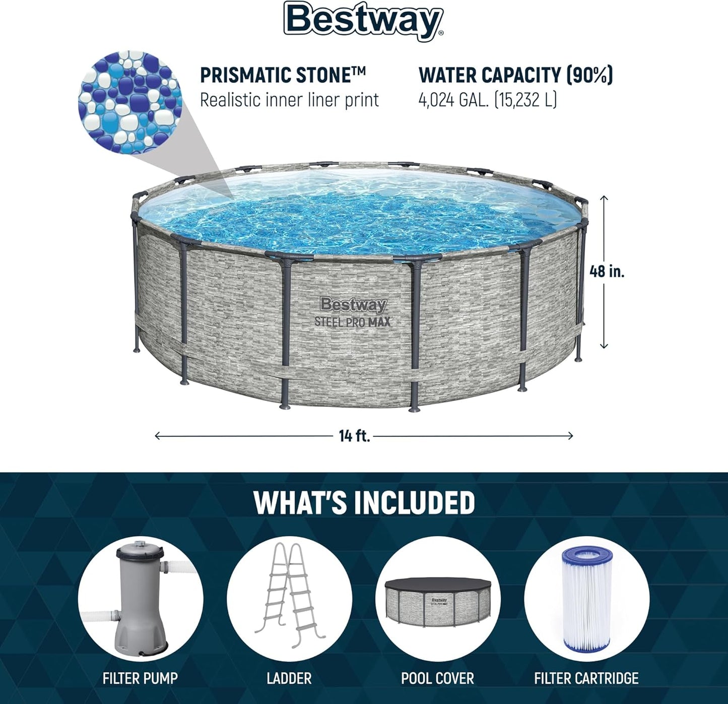 Above Ground Swimming Pool w/ Pump, Cover, & Ladder, 14' x 48", Steel Pro MAX, Gray - Backyard Outdoor Round Pool w/ Filter, 42-Inch Deep Water