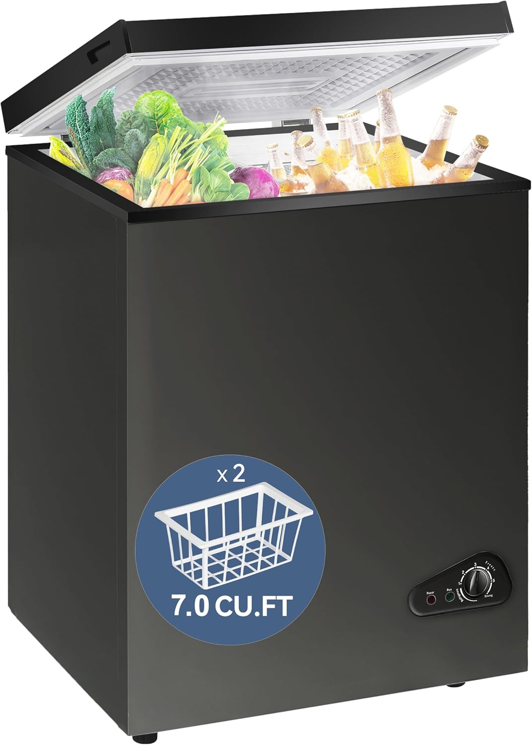 7.0 Cu Ft Chest Freezer - Energy Efficient & Quiet Mini Freezer with Adjustable Thermostat - Compact Deep Freezer for Home, Apartment, and Garage - Removable Basket & Defrost Drain