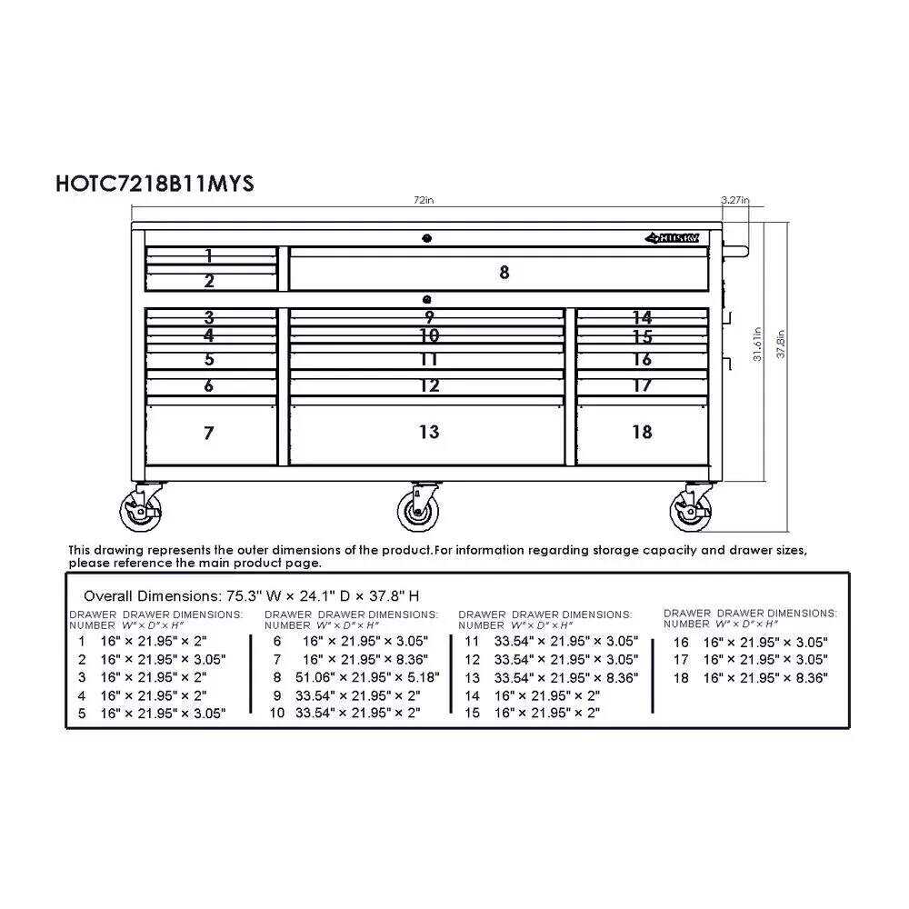 72 IN. 18-DRAWER MOBILE WORKBENCH WITH ADJUSTABLE-HEIGHT SOLID WOOD TOP IN MATTE BLUE