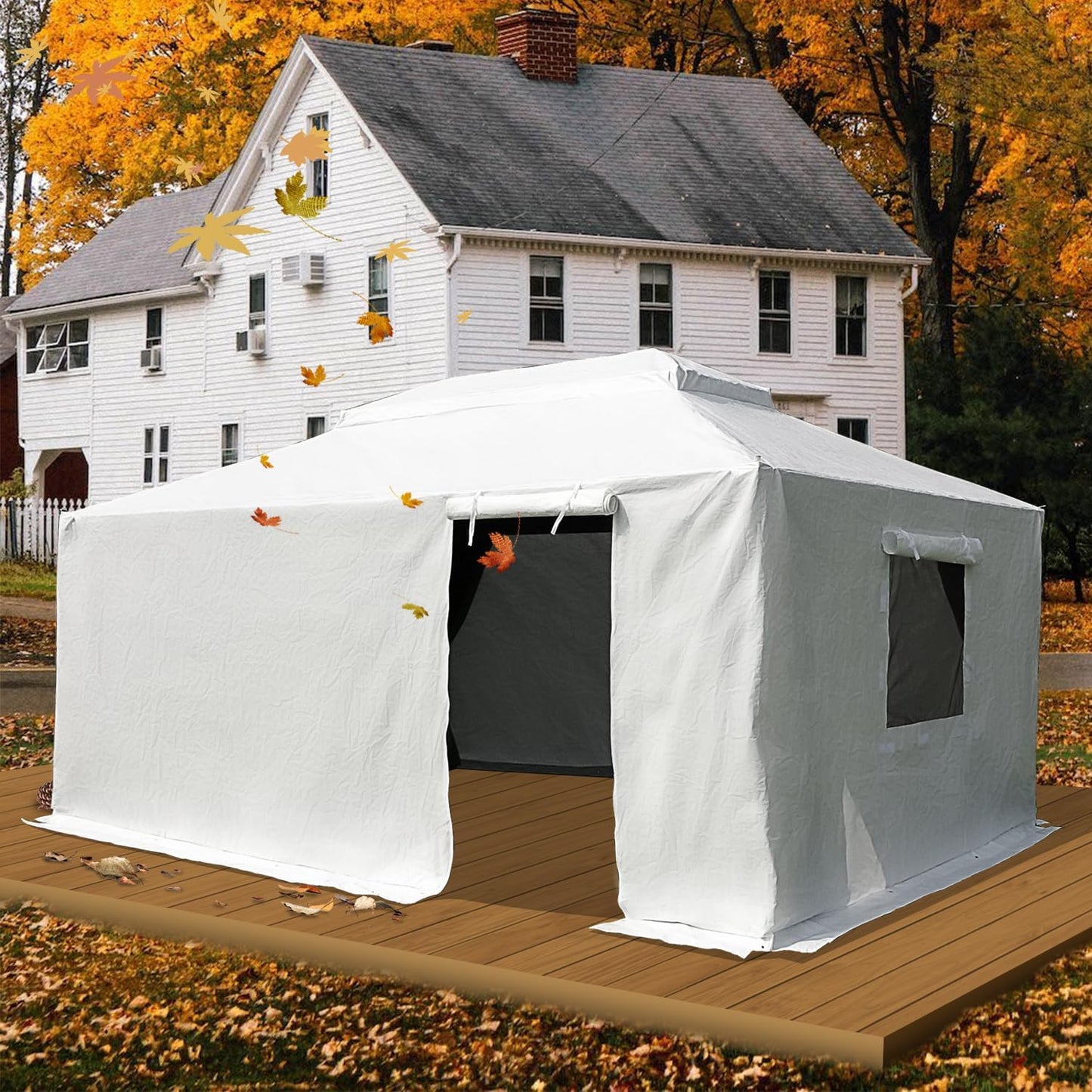 12 feet x 16 feet universal winter awning cover, all-weather waterproof enclosure cover for all four seasons, with side walls and ventilated mesh windows, suitable for all-weather outdoor covers for hard-top awnings, white version