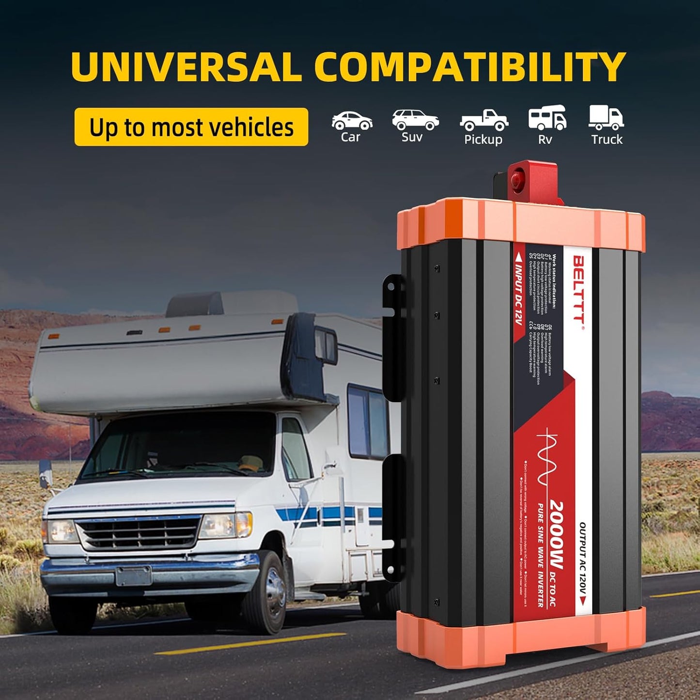 2000W Pure Sine Wave Inverter, Car Power Inverter 12V to 120V AC Converter for RV, Truck, Solar, Outdoor with Dual AC and 20A Socket, 5V 2.1A USB, Surge 4000W, Hardwire Port, Remote Controller