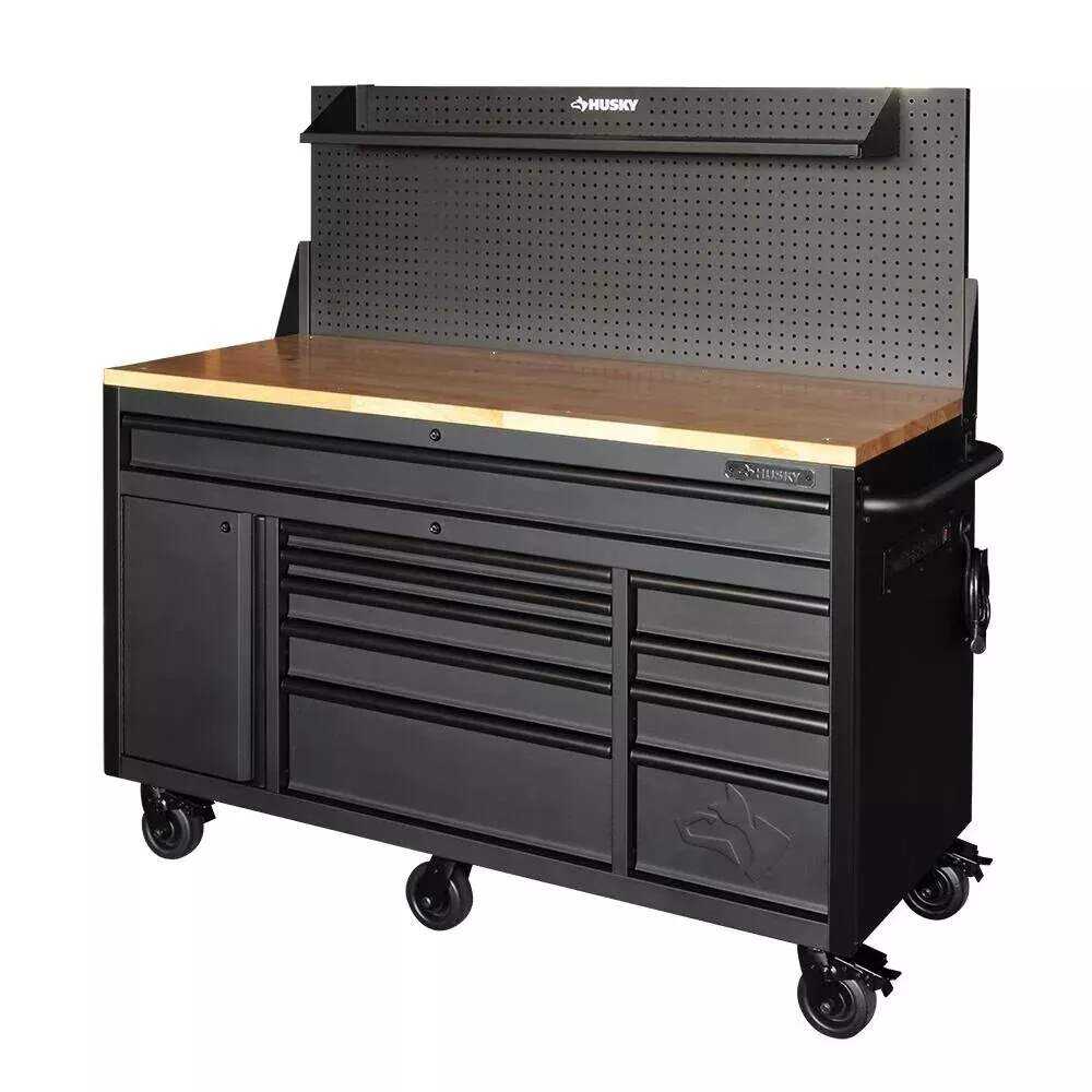 Husky 61 in. W x 26 in. D Heavy Duty 10-Drawer 1-Door Mobile Workbench with Hardwood Top