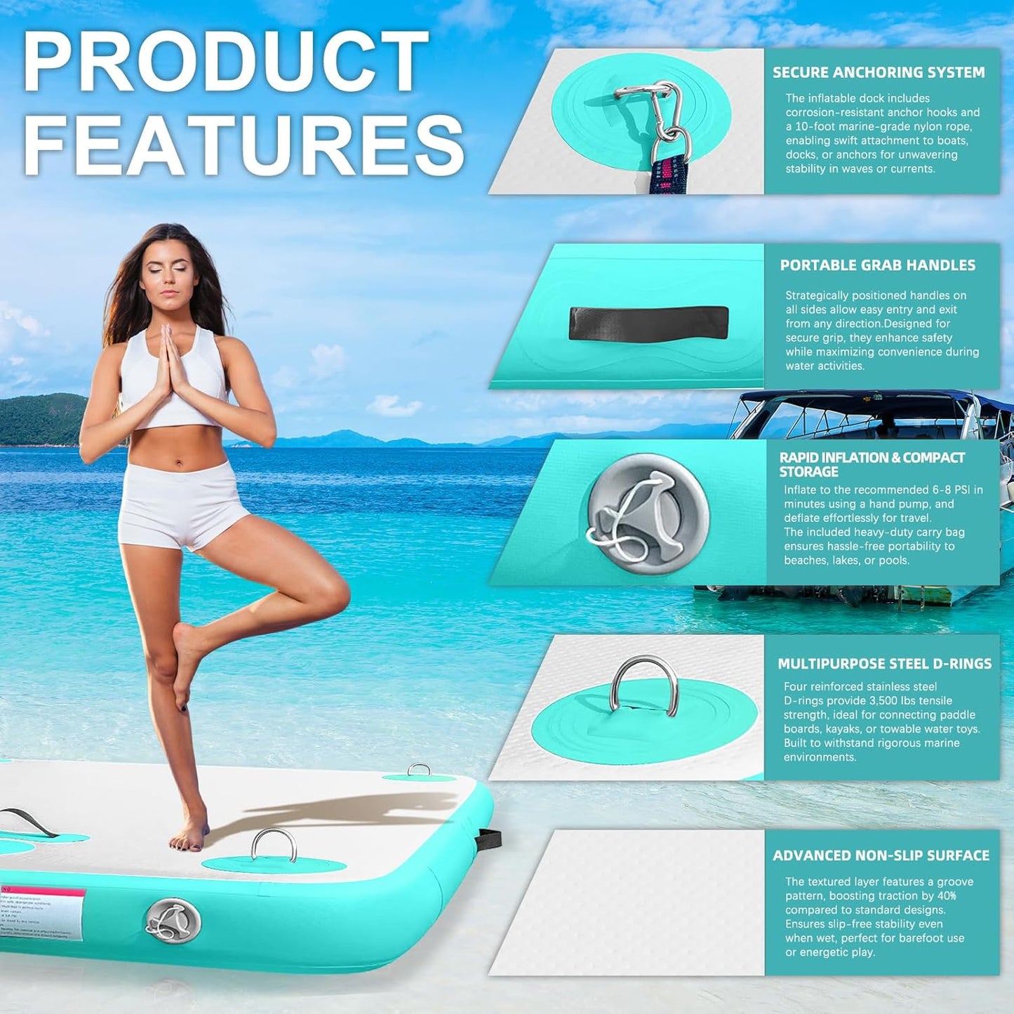 Inflatable Floating Dock Air Dock Platform Floating Island Raft with None-Slip Surface for Pool Beach Ocean