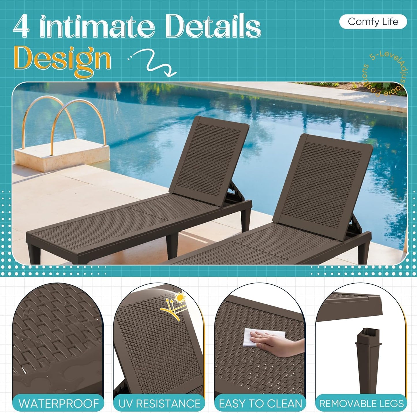 Outdoor Chaise Lounge Chair Set of 2 for Patio Poolside, Waterproof & Adjustable & Easy Assembly Sun Lounger for Outside Deck, Pool, Beach, Black