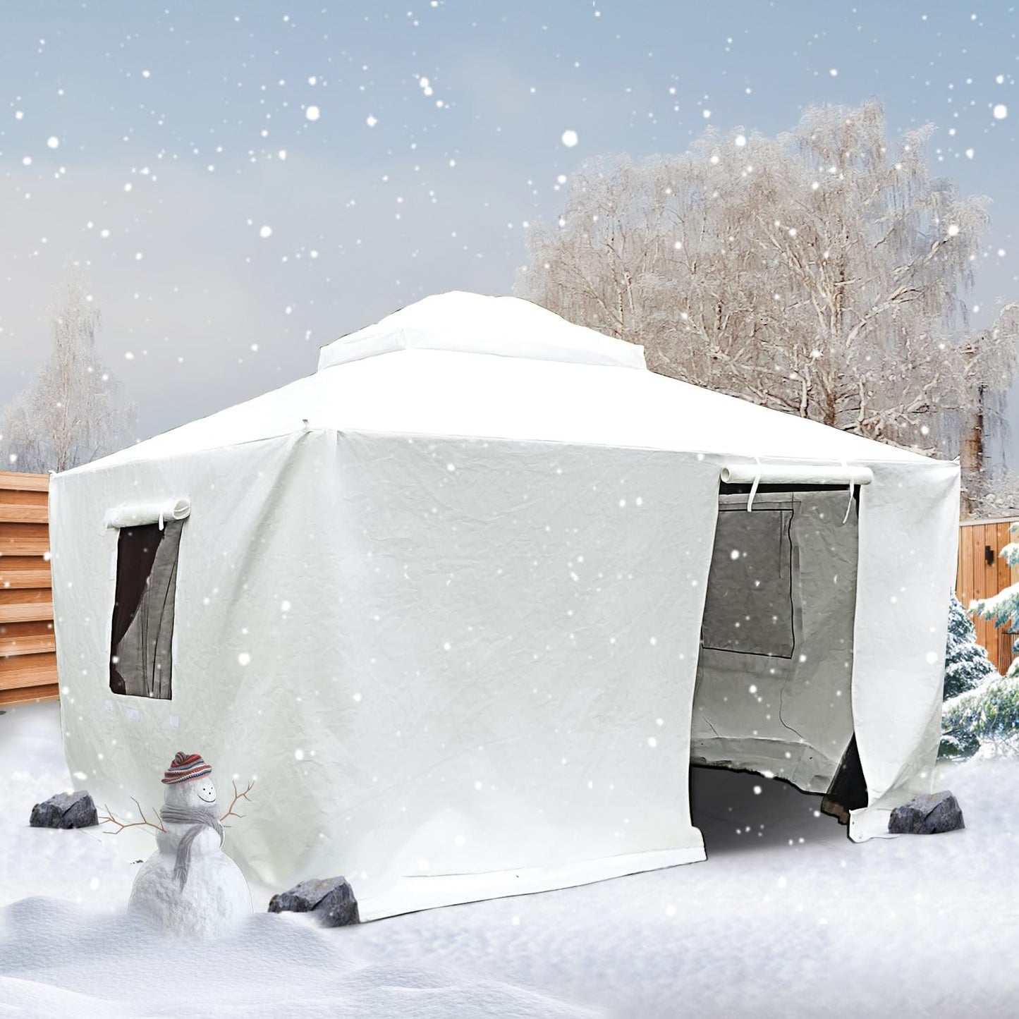 12 feet x 16 feet universal winter awning cover, all-weather waterproof enclosure cover for all four seasons, with side walls and ventilated mesh windows, suitable for all-weather outdoor covers for hard-top awnings, white version