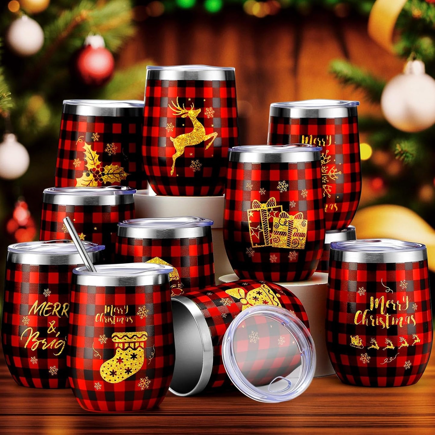 12-piece Christmas wine glass set, 12-ounce stainless steel double-layer vacuum insulated coffee cup without handle, with lid, straw, brush, suitable for women and men as gifts for travel (description)