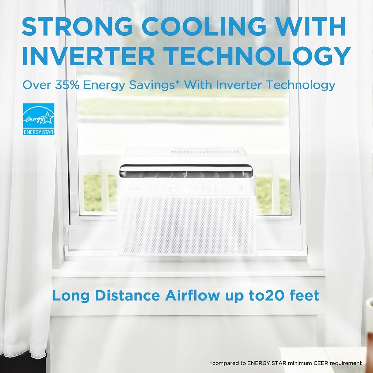 8,000 BTU U Shaped Smart Inverter Window Air Conditioner, Cools up to 350 Sq. Ft., Ultra Quiet with Open Window Flexibility, Works with Alexa/Google Assistant, 35% Energy Savings, Remote Control