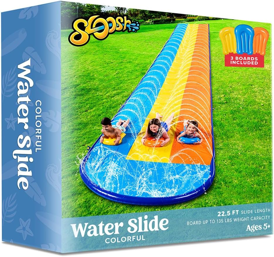 Sloosh Triple Water Slide with 3 BodyBoards, 22.5FT Lawn Water Splash Slip and Slide Summer Toy Splash Pad with Build in Advanced Sprinkler for Kids Adults Backyard Summer Water Fun