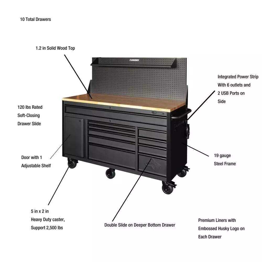 Husky 61 in. W x 26 in. D Heavy Duty 10-Drawer 1-Door Mobile Workbench with Hardwood Top