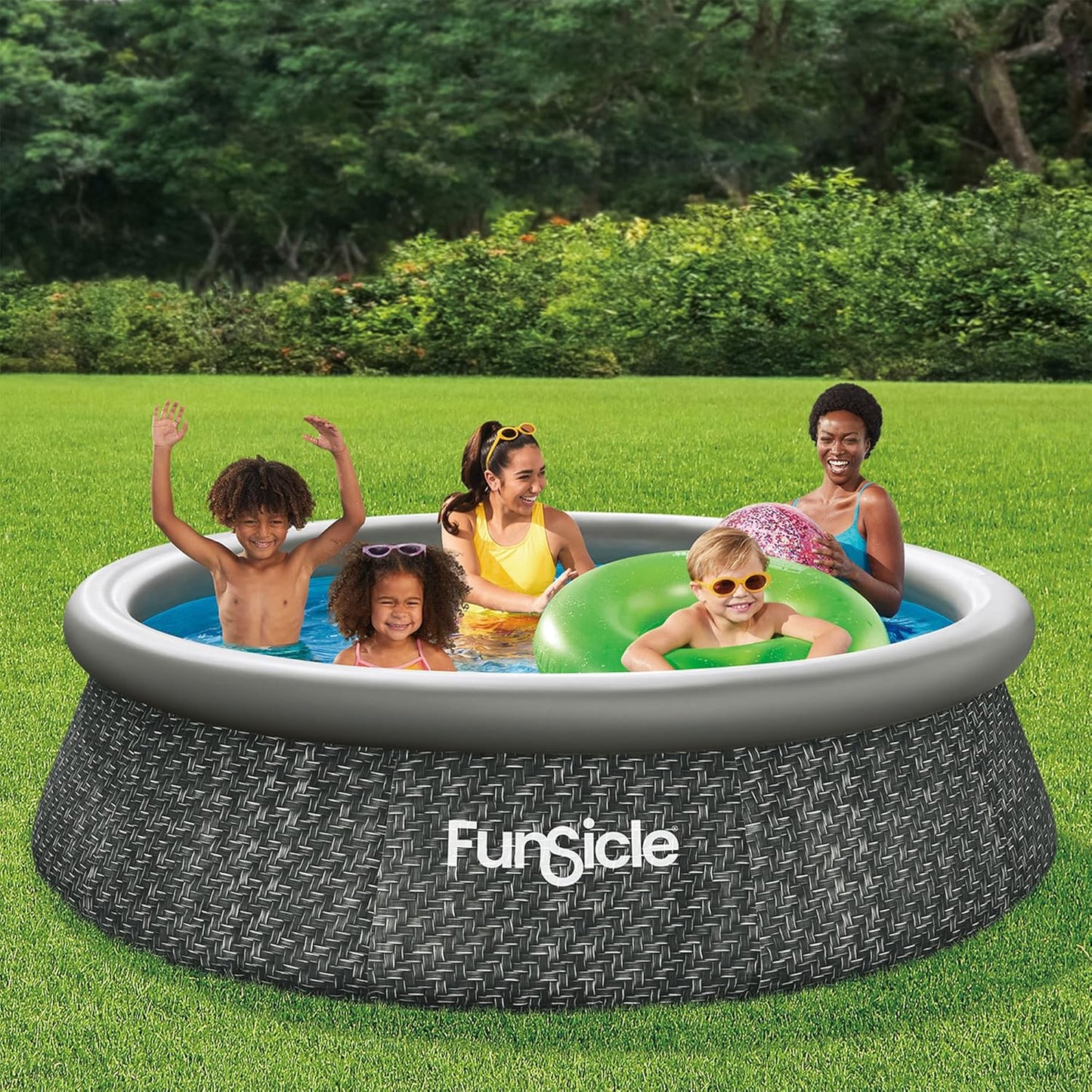 12 Foot by 36 Inch Quickset Round Inflatable Ring Top Outdoor Above Ground Swimming Pool Set with Pump and Cartridge Filter, Dark Herringbone