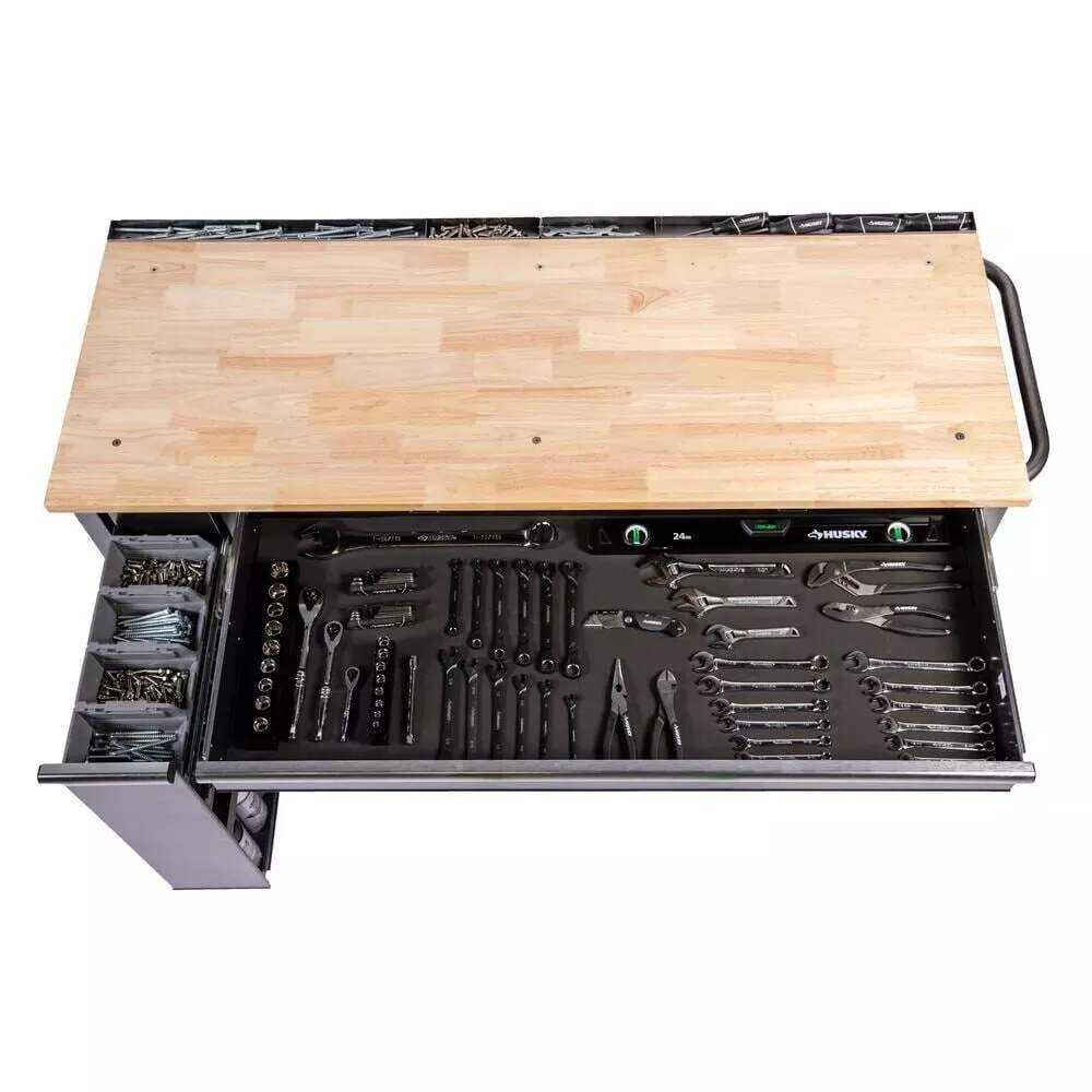 Husky 72 in. x 24 in. D Standard Duty 18-Drawer Mobile Workbench Tool Chest with Solid Wood Top in Stainless Steel