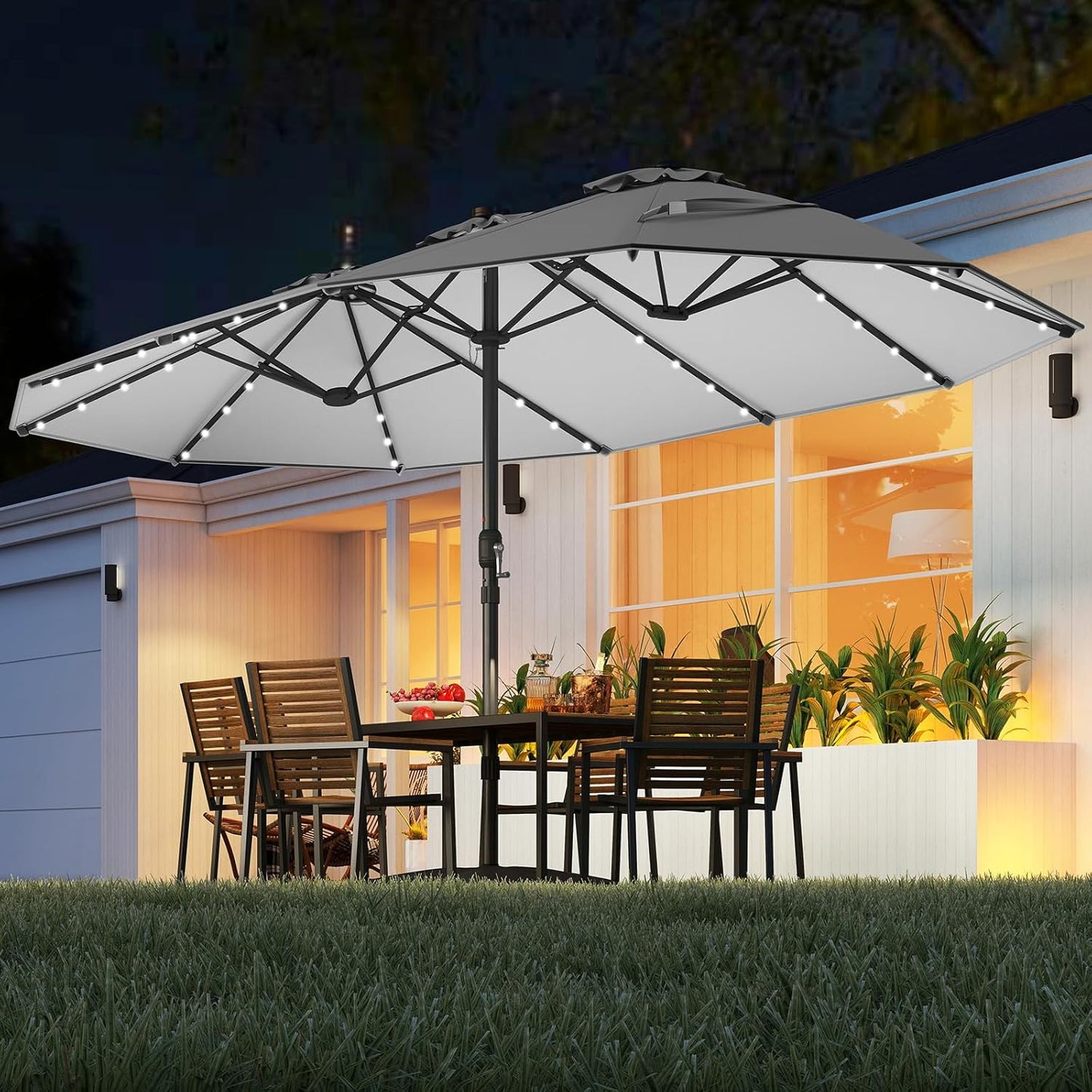 15-foot double-sided courtyard sunshade umbrella, equipped with solar lights, large-sized canopy / with 48 built-in LED lights and an automatic charging solar panel, outdoor double-person market sunshade umbrella, with heavy-duty base support支架