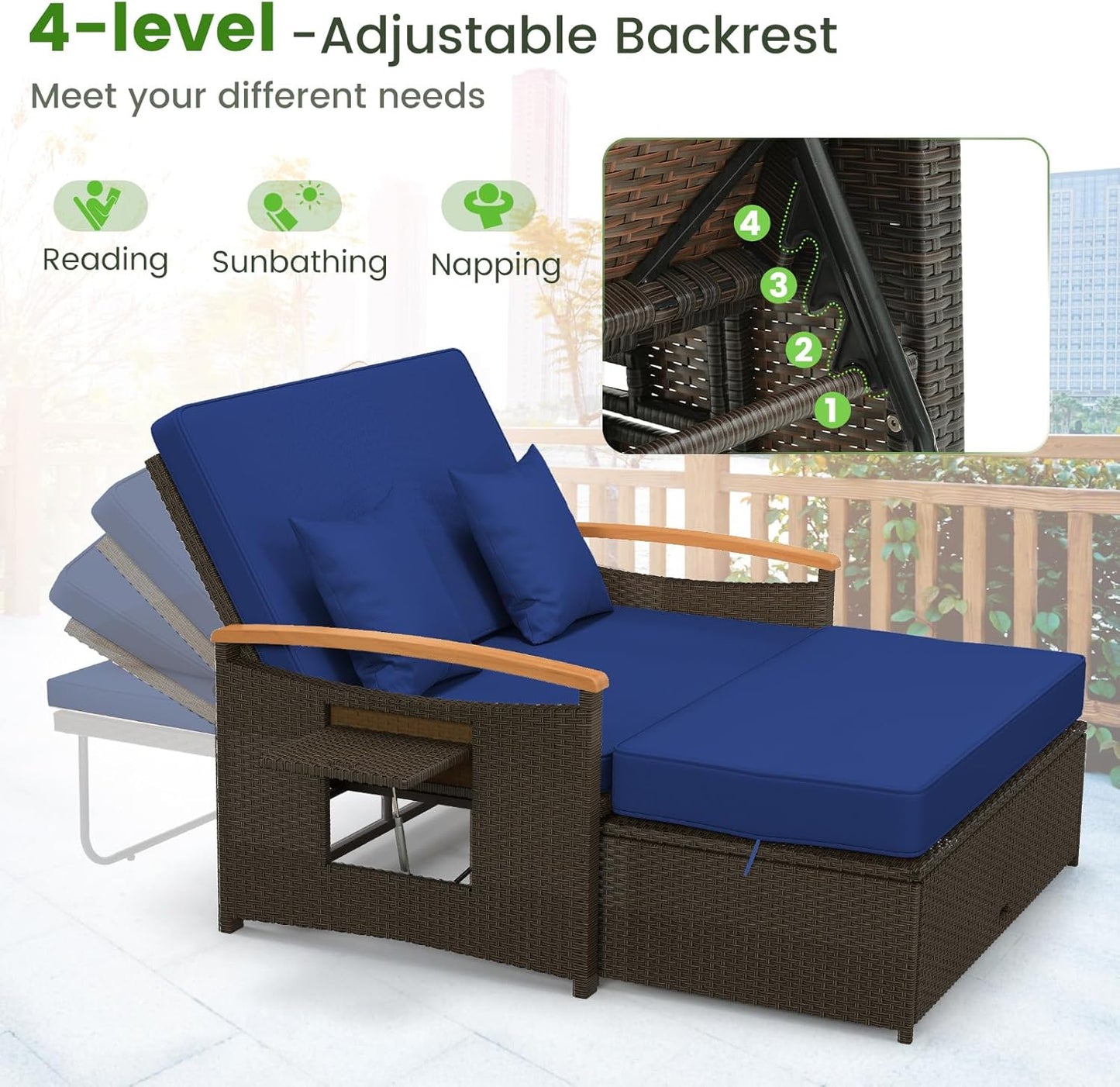 Moccha Outdoor Wicker Daybed, Patio Rattan Loveseat Sofa w/ 4-Level Adjustable Backrest, Folding Panels, Storage Ottoman & Cushions, Lounge Furniture Set for Poolside Backyard Porch (Beige)