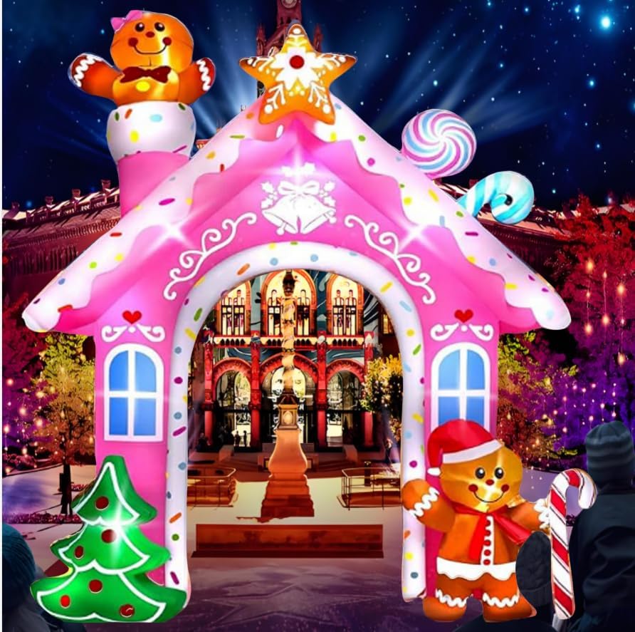 12 Foot Built-in LED Light, Large Pink Gingerbread Man Arch, Inflatable Outdoor Decoration, Santa Claus Home Decoration