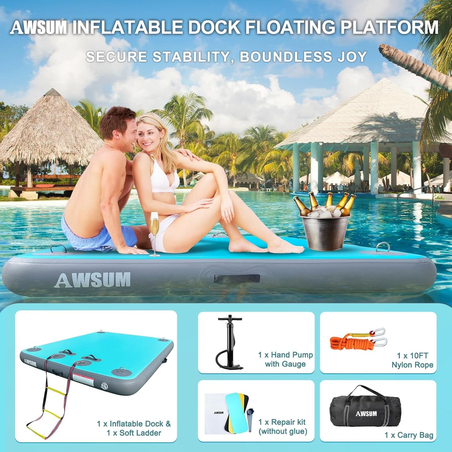 Inflatable Floating Dock Air Dock Platform Floating Island Raft with None-Slip Surface for Pool Beach Ocean