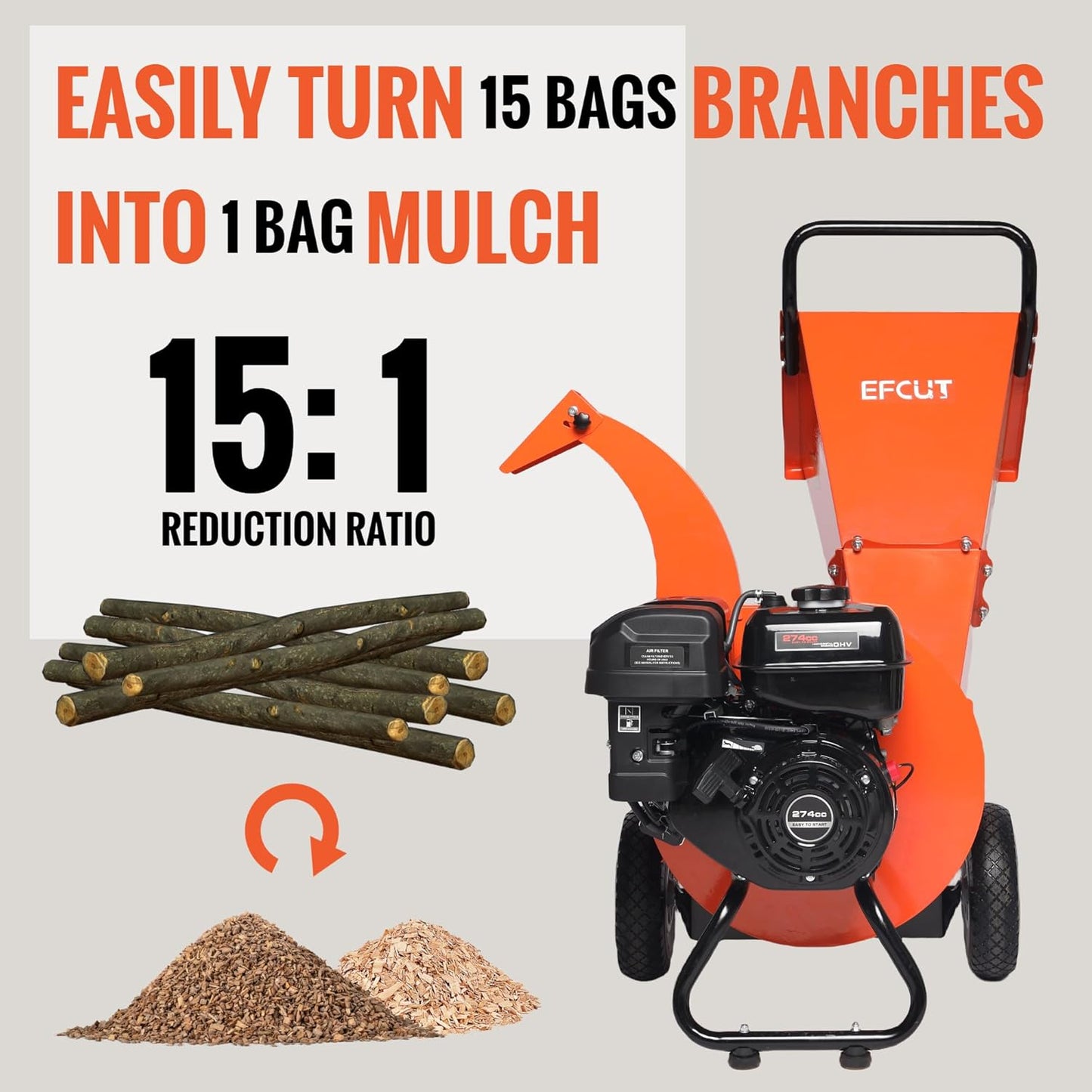 C40 Wood Chipper 4" inch Max Diameter Capacity 9 HP 274cc Gas Powered Engine Heavy Duty Shredder Mulcher