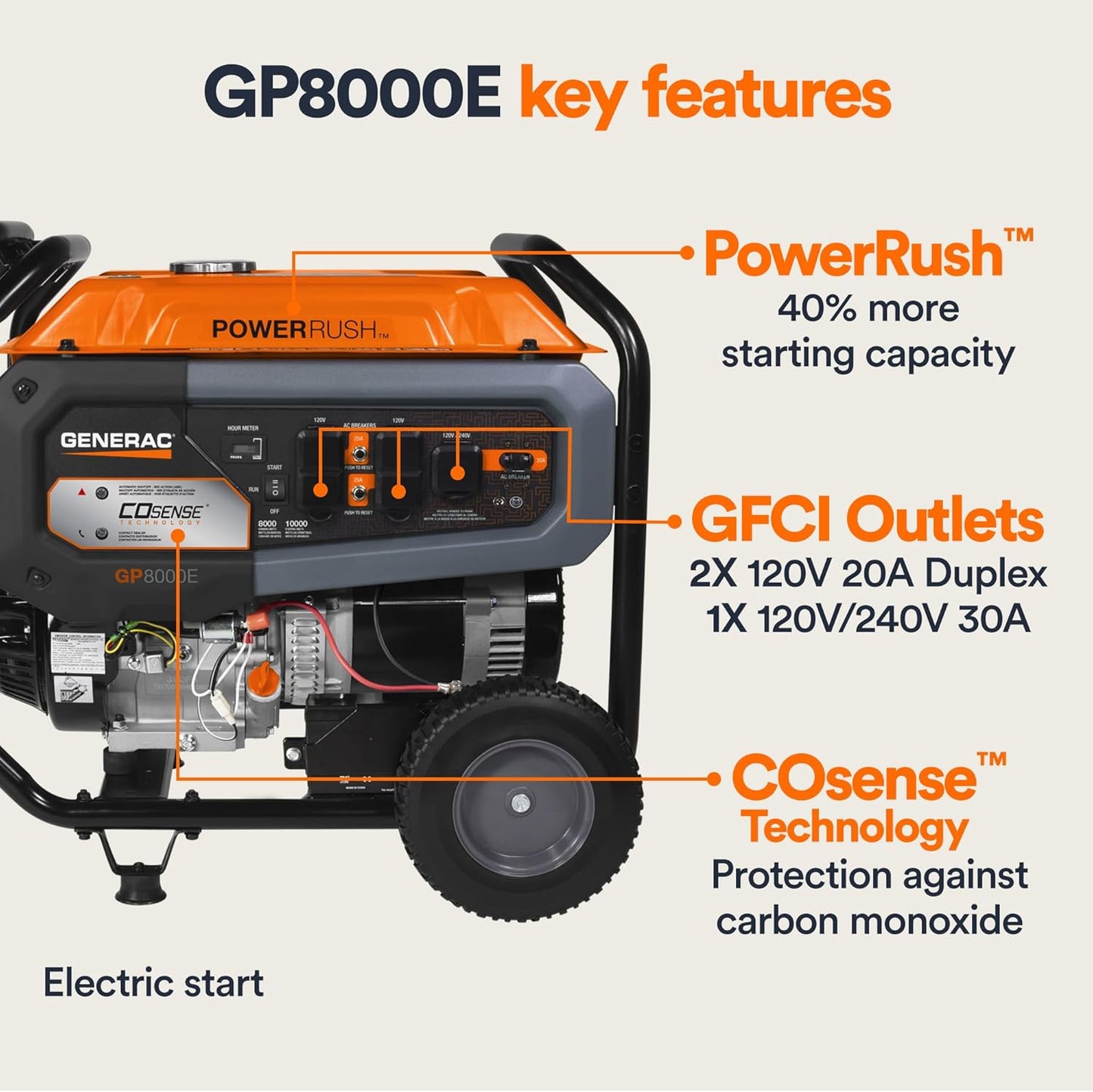 8,000-Watt Gas-Powered Portable Generator - Electric Start with COsense - PowerRush Advanced Technology - Reliable Power for Emergencies, Recreation, Home - 49 State Compliant - Orange/Black