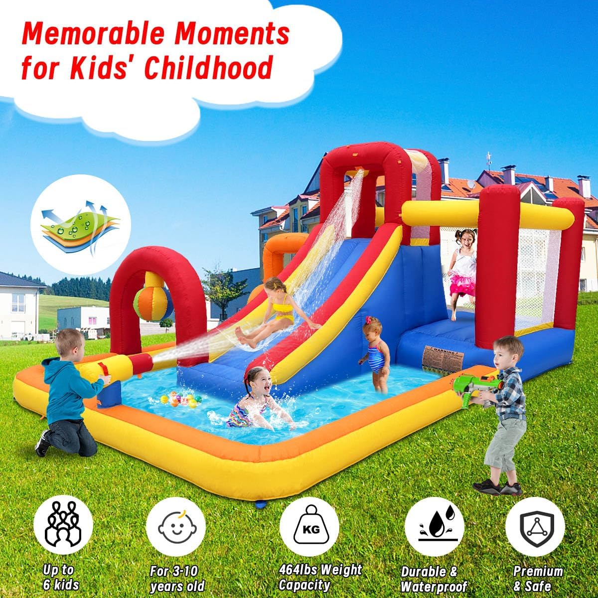 Inflatable Water Slide, 10 in 1 Water Park Bounce House with Blower, Splash Pool, 2 Slides, Water Cannon, Climbing Wall, Blow up Water Slides for Kids Outdoor Backyard