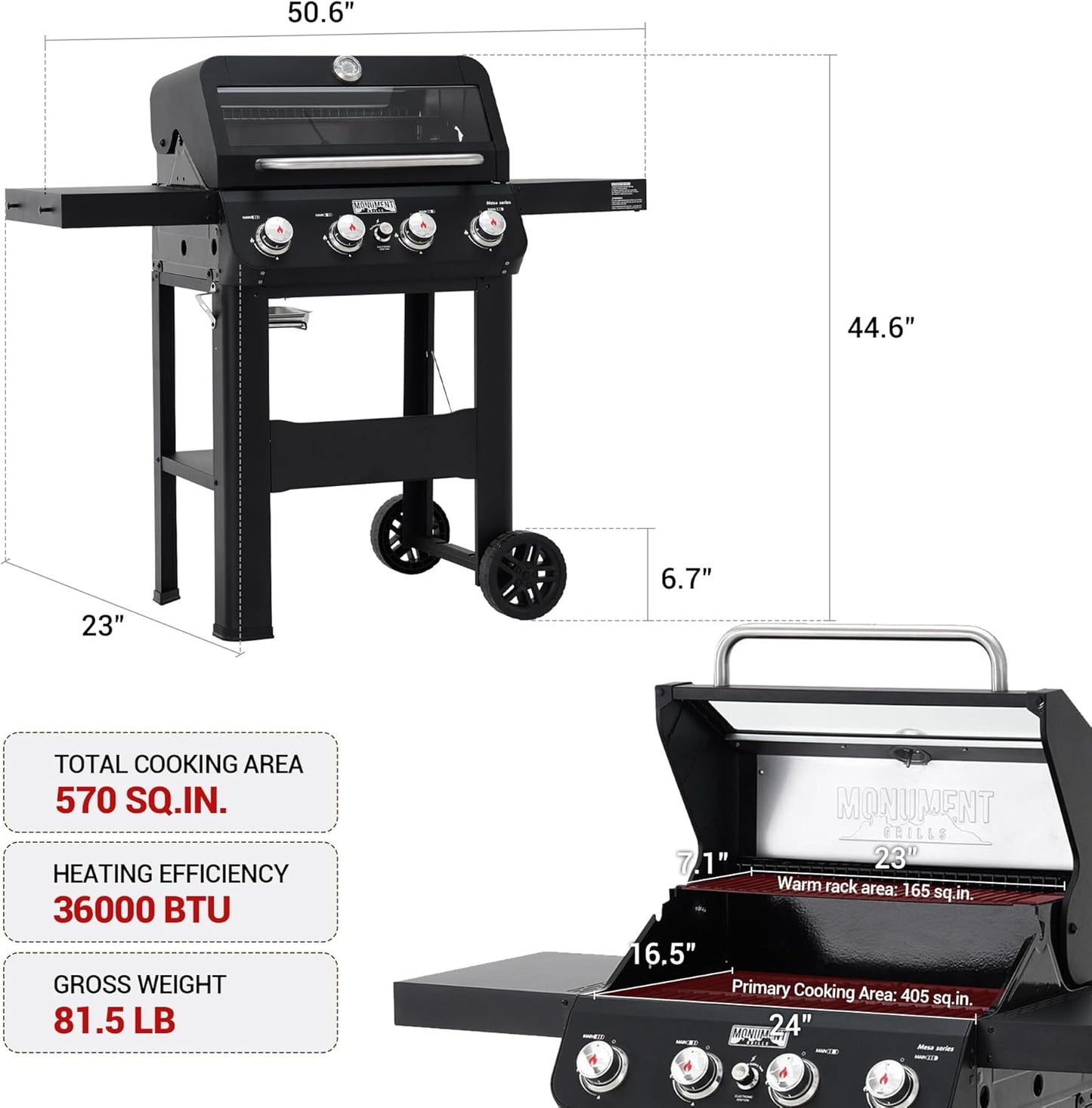 Grills 4-Burner Liquid Propane Gas Grill, Silver Stainless Steel Grill Outdoor Patio Garden Barbecue Grill with Clearview庐 Lid and One Foldable Shelf, Mesa400MF