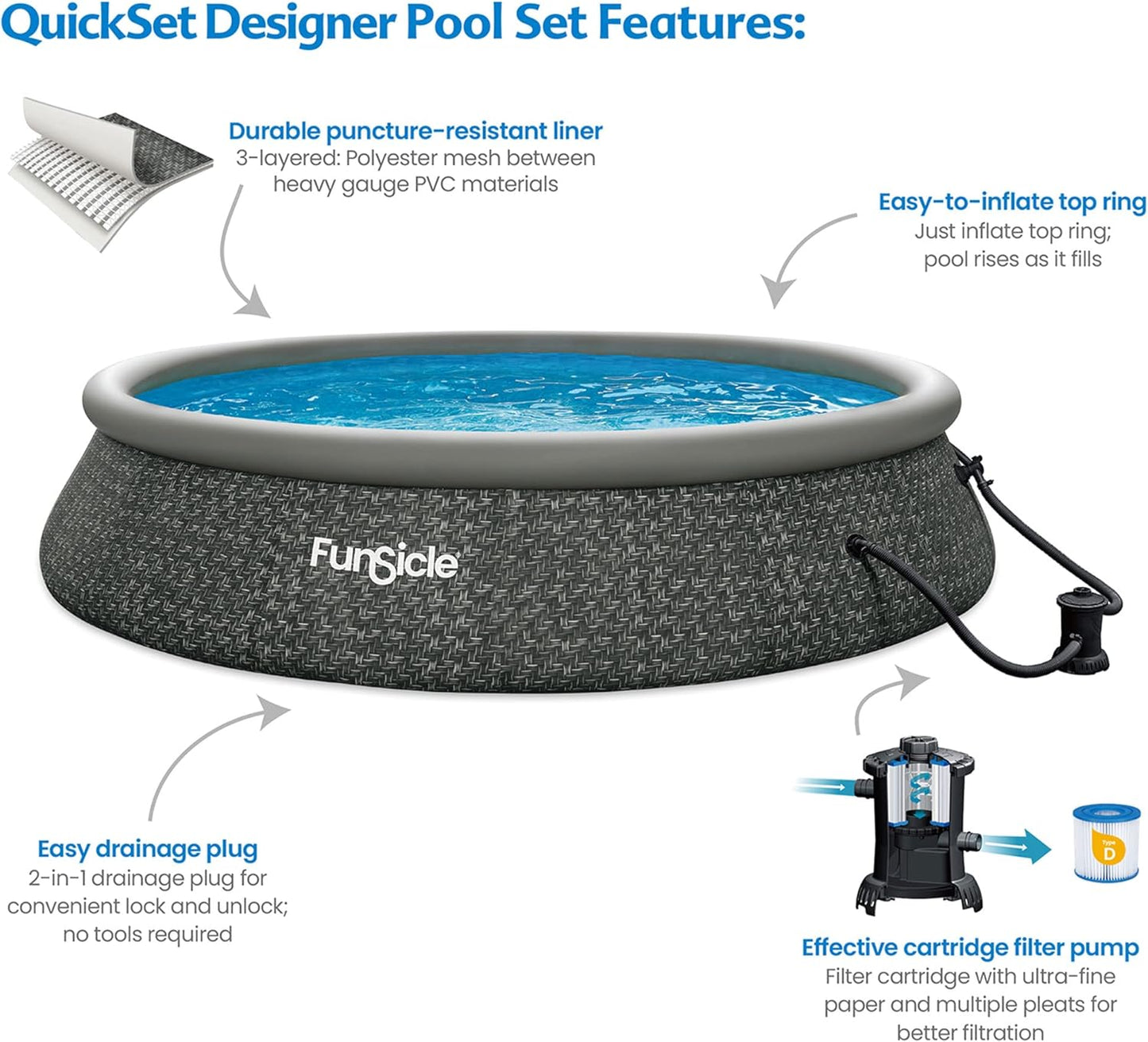 12 Foot by 36 Inch Quickset Round Inflatable Ring Top Outdoor Above Ground Swimming Pool Set with Pump and Cartridge Filter, Dark Herringbone